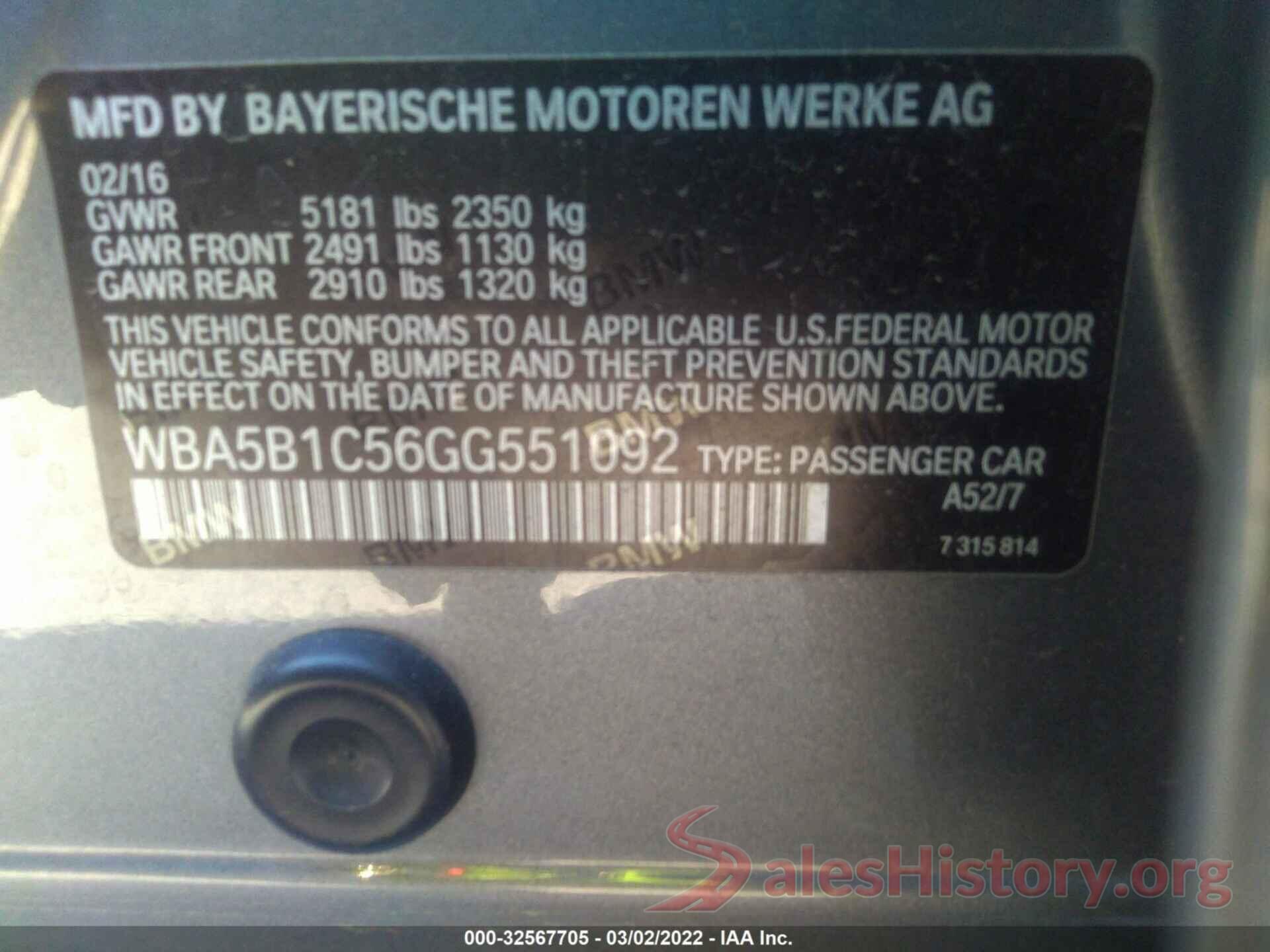 WBA5B1C56GG551092 2016 BMW 5 SERIES