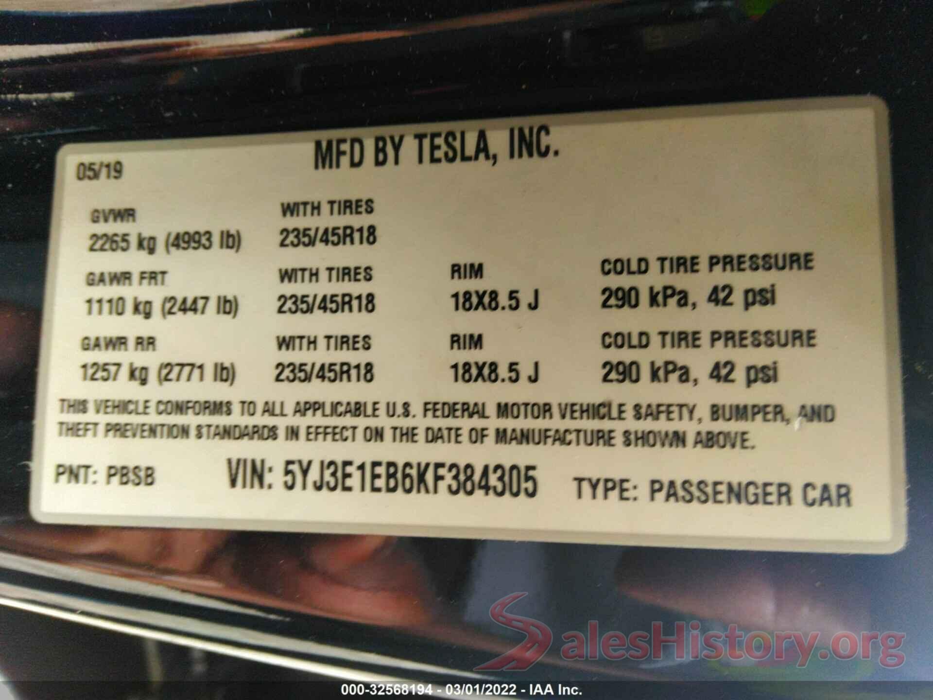 5YJ3E1EB6KF384305 2019 TESLA MODEL 3