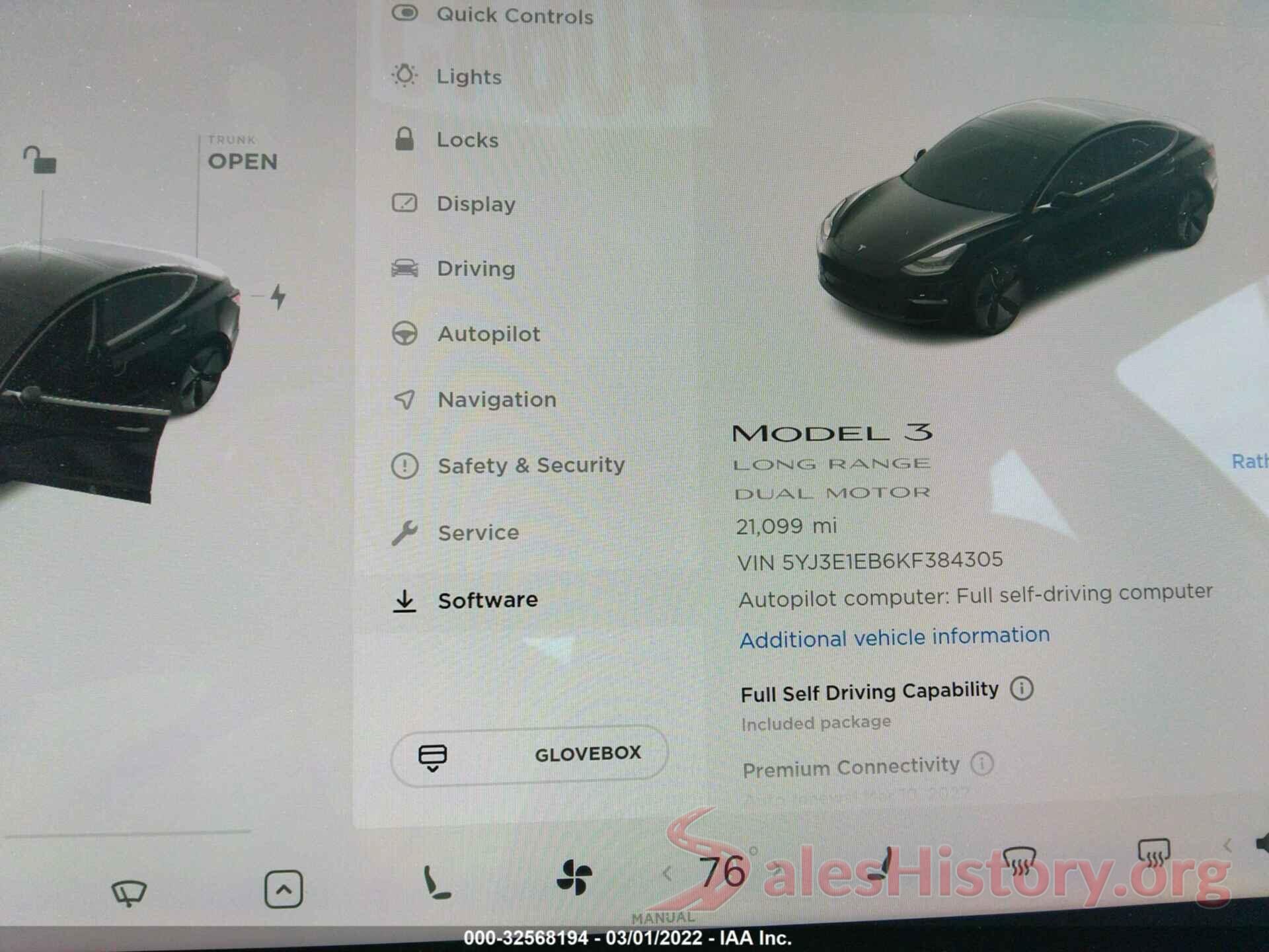 5YJ3E1EB6KF384305 2019 TESLA MODEL 3