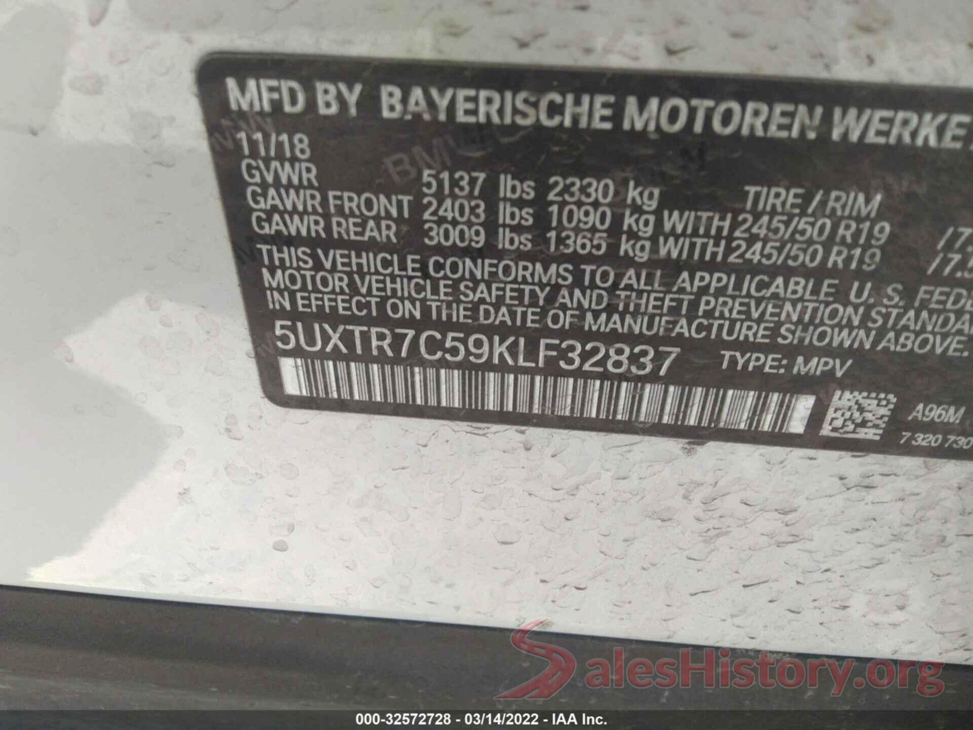 5UXTR7C59KLF32837 2019 BMW X3