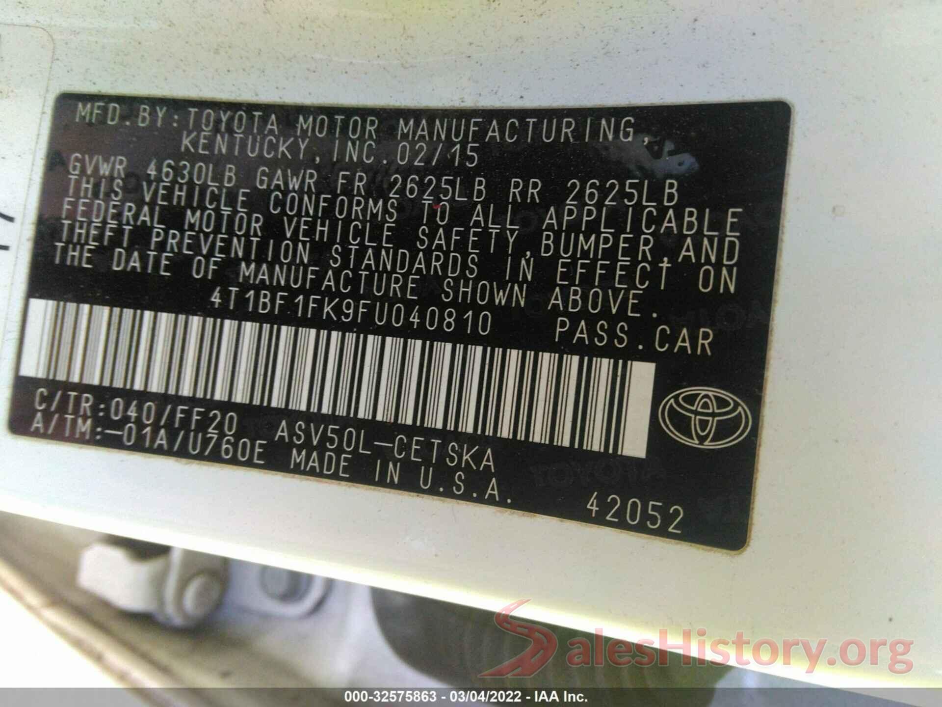 4T1BF1FK9FU040810 2015 TOYOTA CAMRY