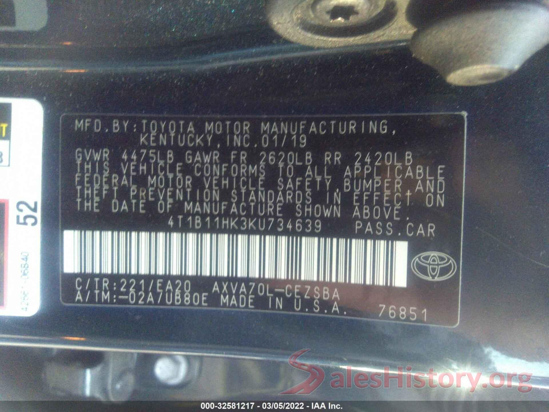 4T1B11HK3KU734639 2019 TOYOTA CAMRY