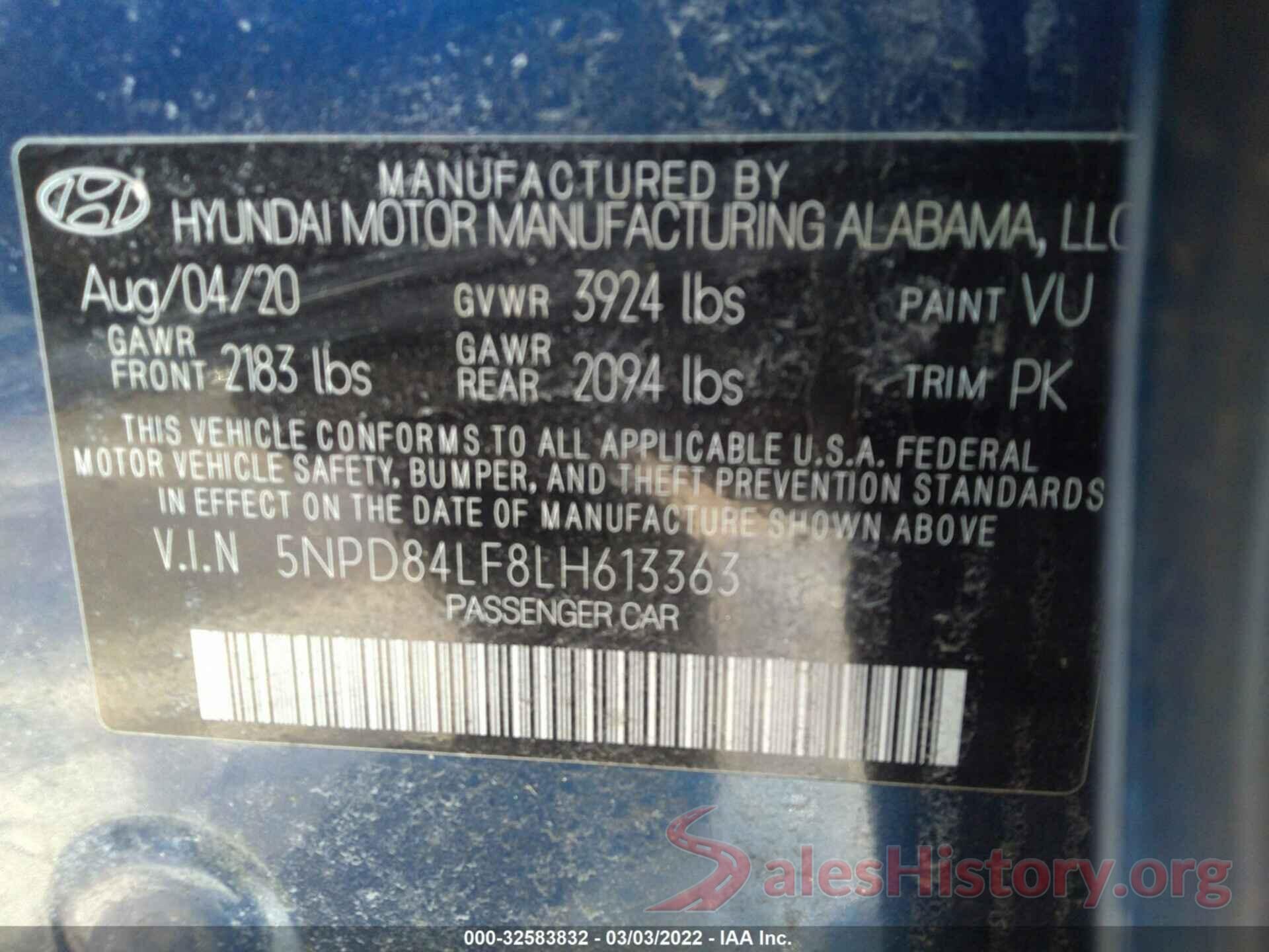 5NPD84LF8LH613363 2020 HYUNDAI ELANTRA