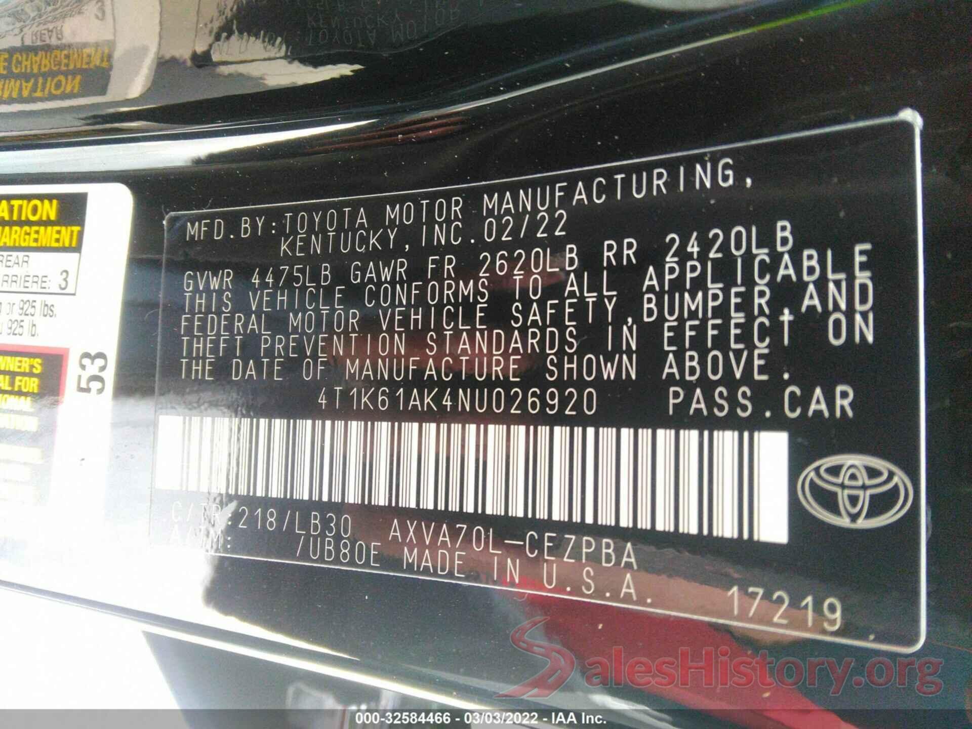 4T1K61AK4NU026920 2022 TOYOTA CAMRY