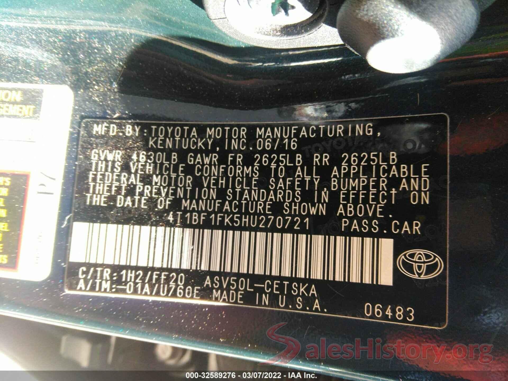 4T1BF1FK5HU270721 2017 TOYOTA CAMRY