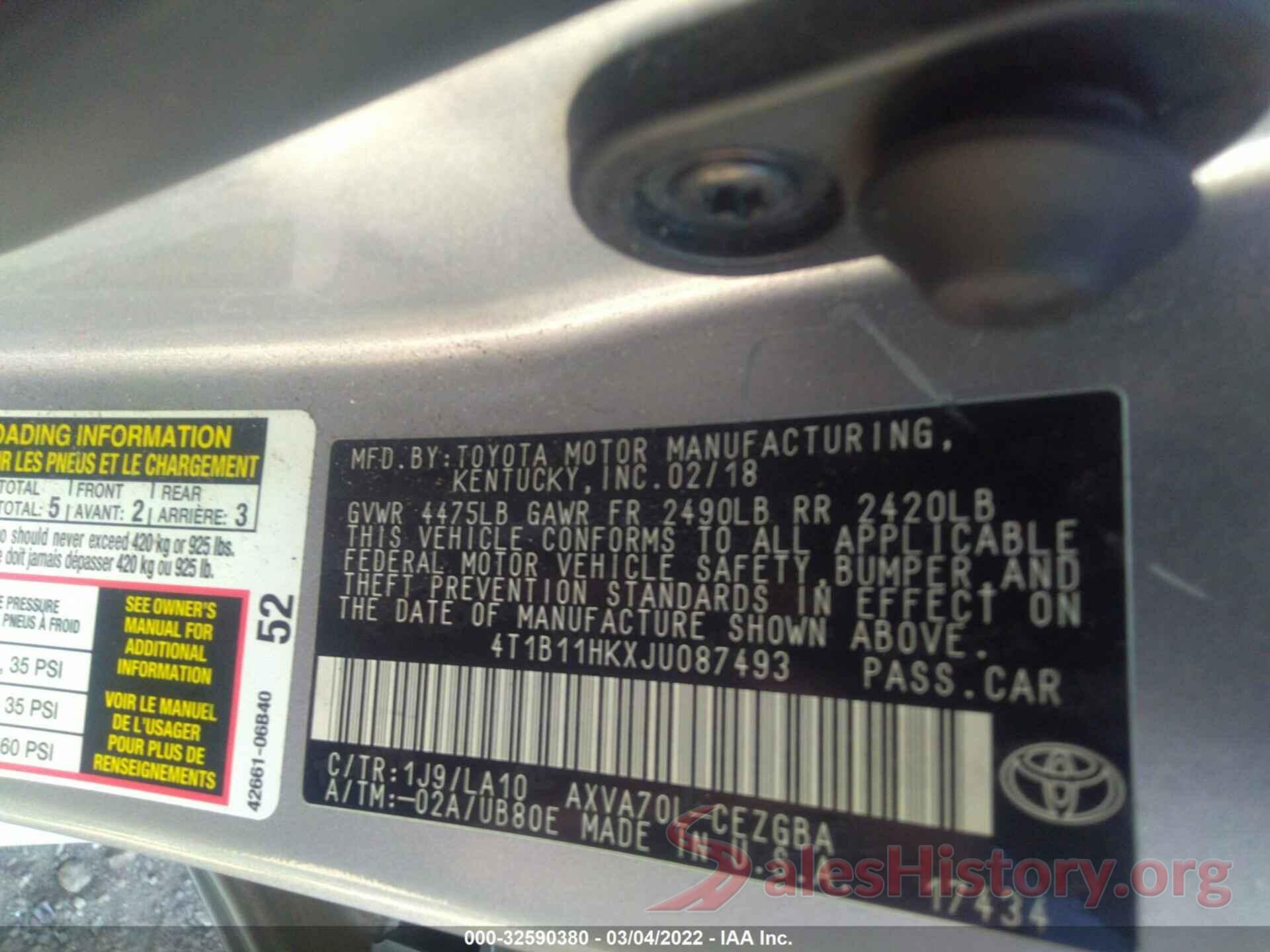 4T1B11HKXJU087493 2018 TOYOTA CAMRY