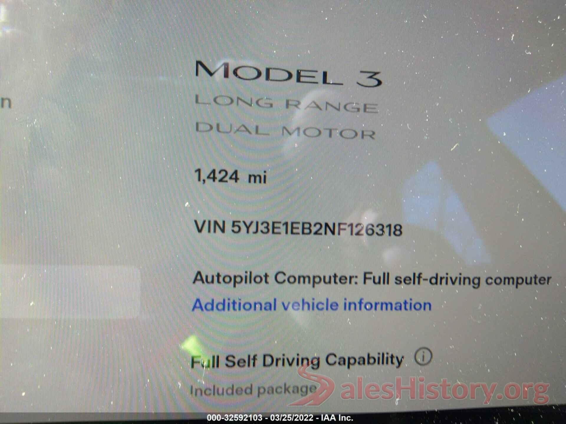 5YJ3E1EB2NF126318 2022 TESLA MODEL 3