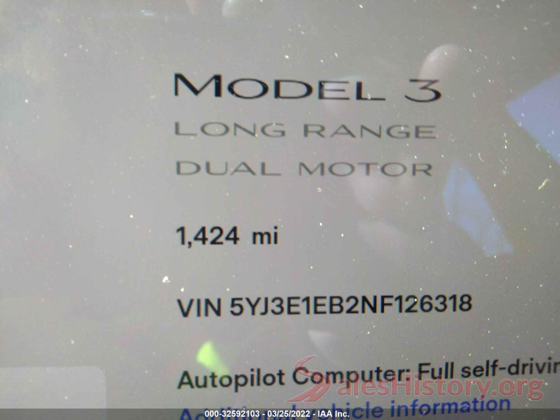 5YJ3E1EB2NF126318 2022 TESLA MODEL 3