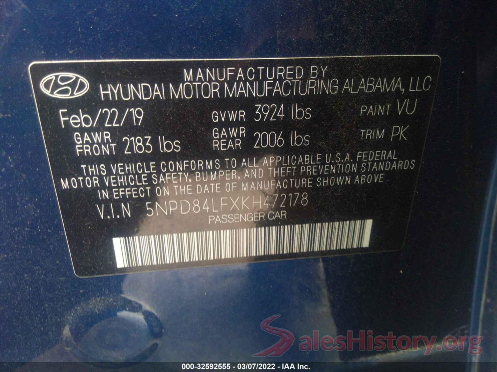 5NPD84LFXKH472178 2019 HYUNDAI ELANTRA