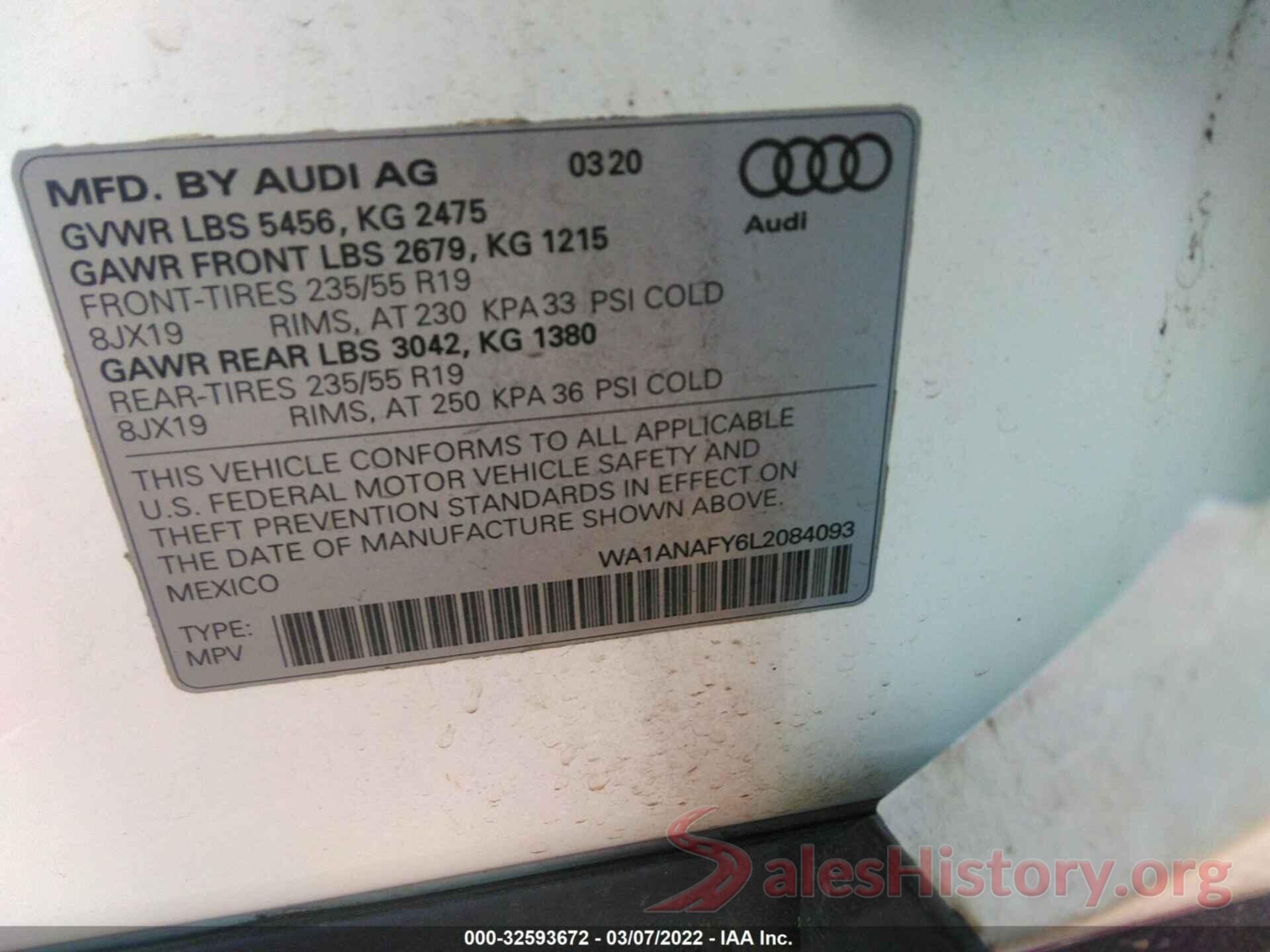 WA1ANAFY6L2084093 2020 AUDI Q5