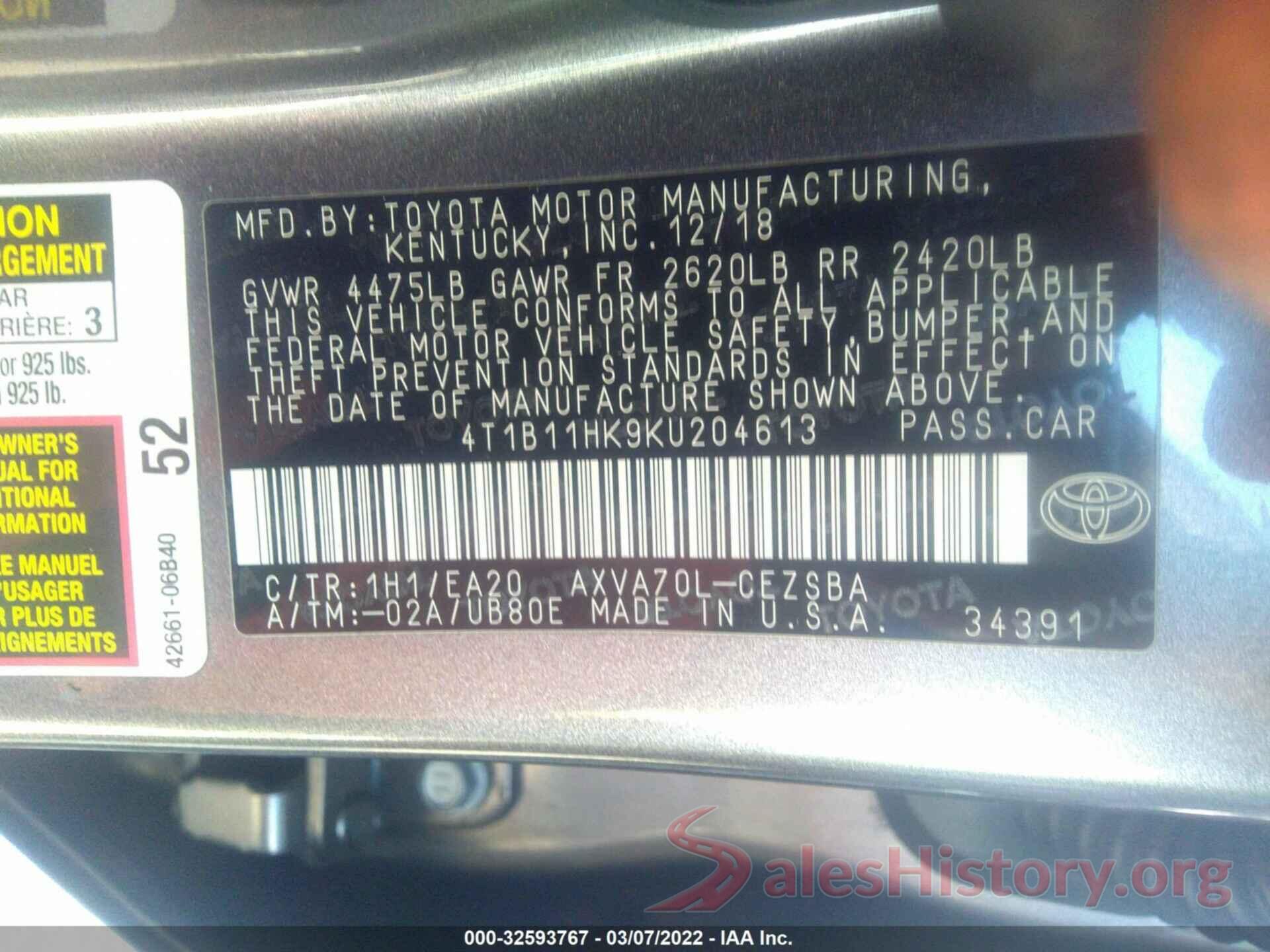 4T1B11HK9KU204613 2019 TOYOTA CAMRY