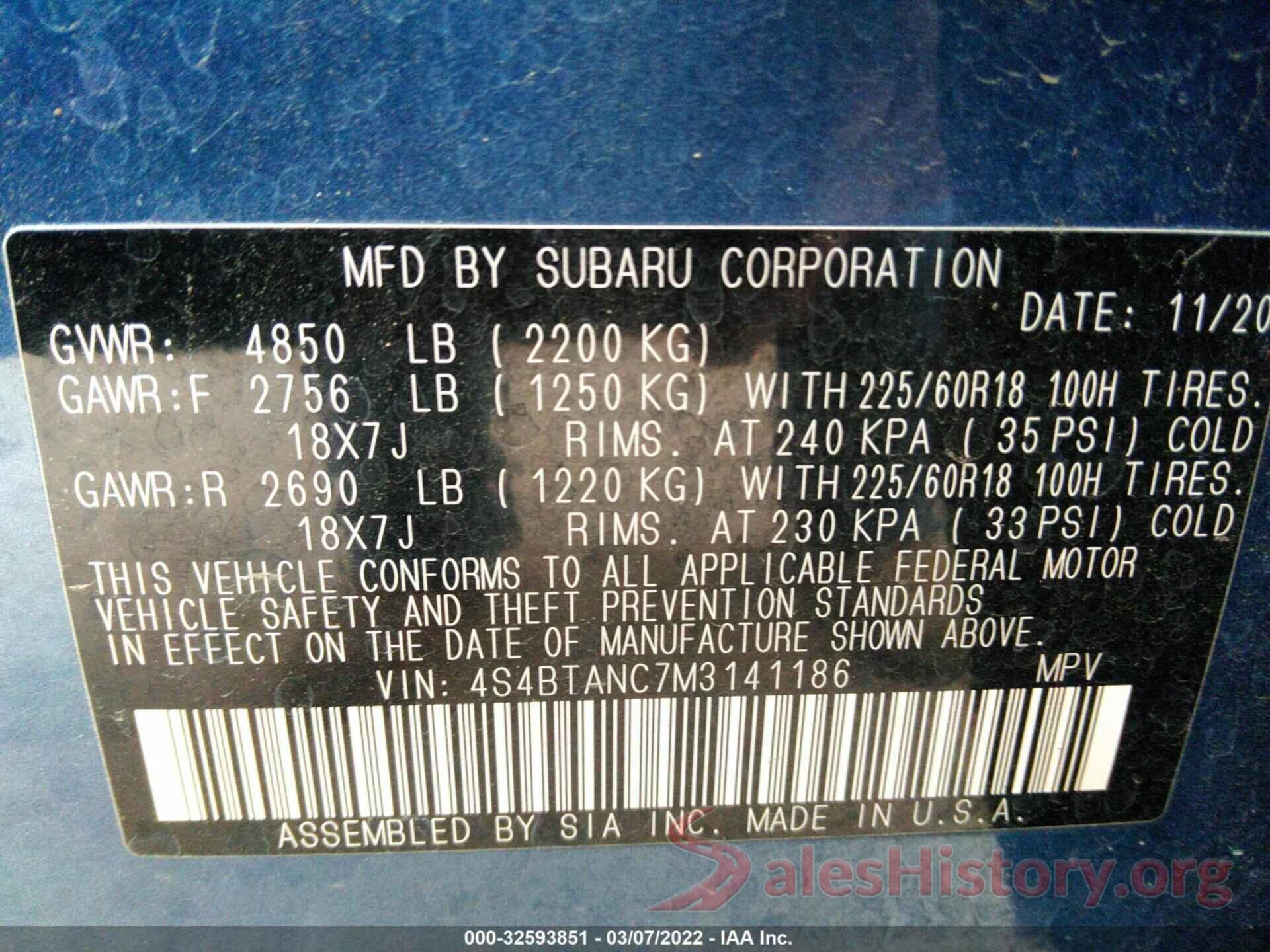 4S4BTANC7M3141186 2021 SUBARU OUTBACK