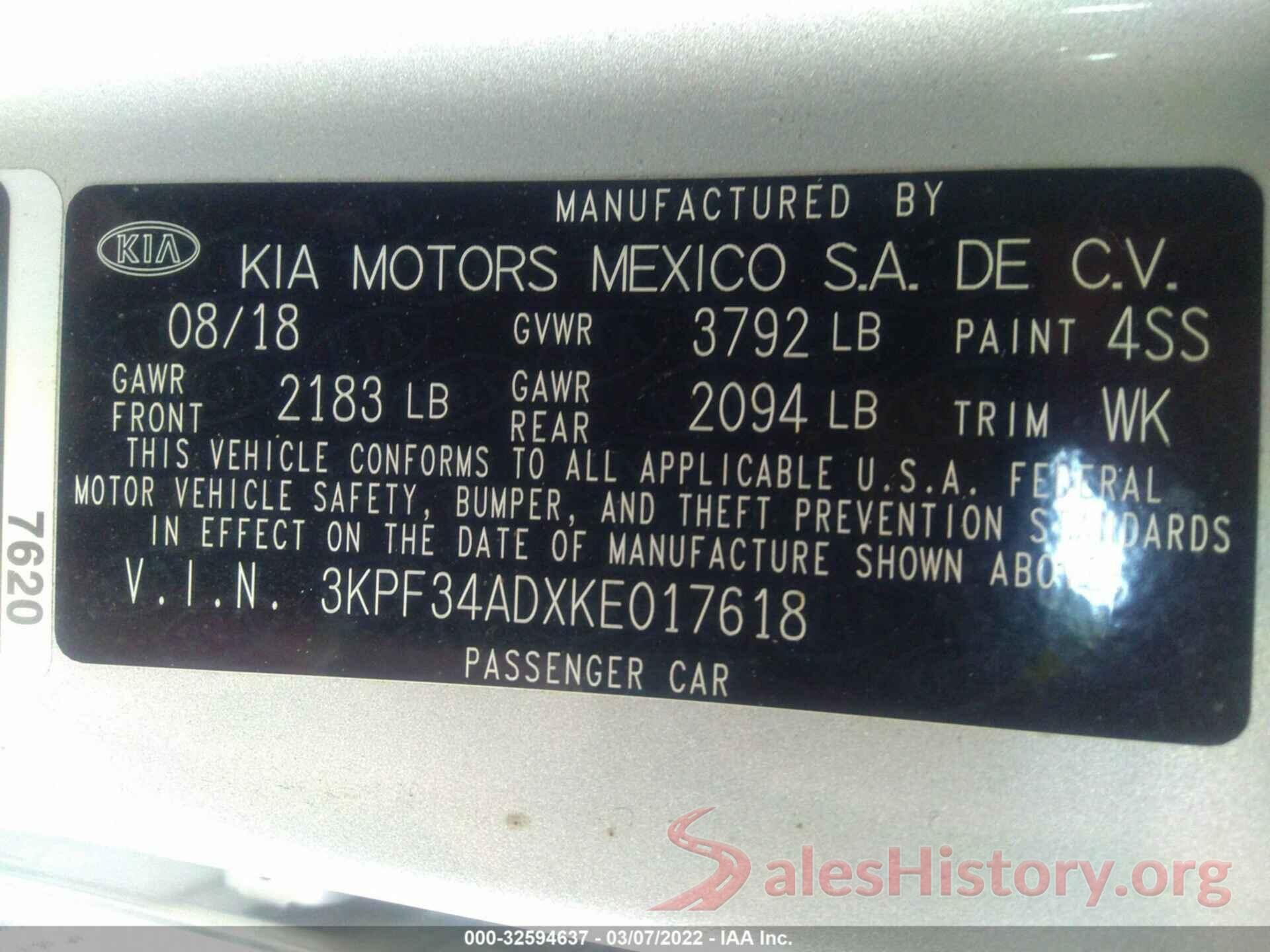 3KPF34ADXKE017618 2019 KIA FORTE