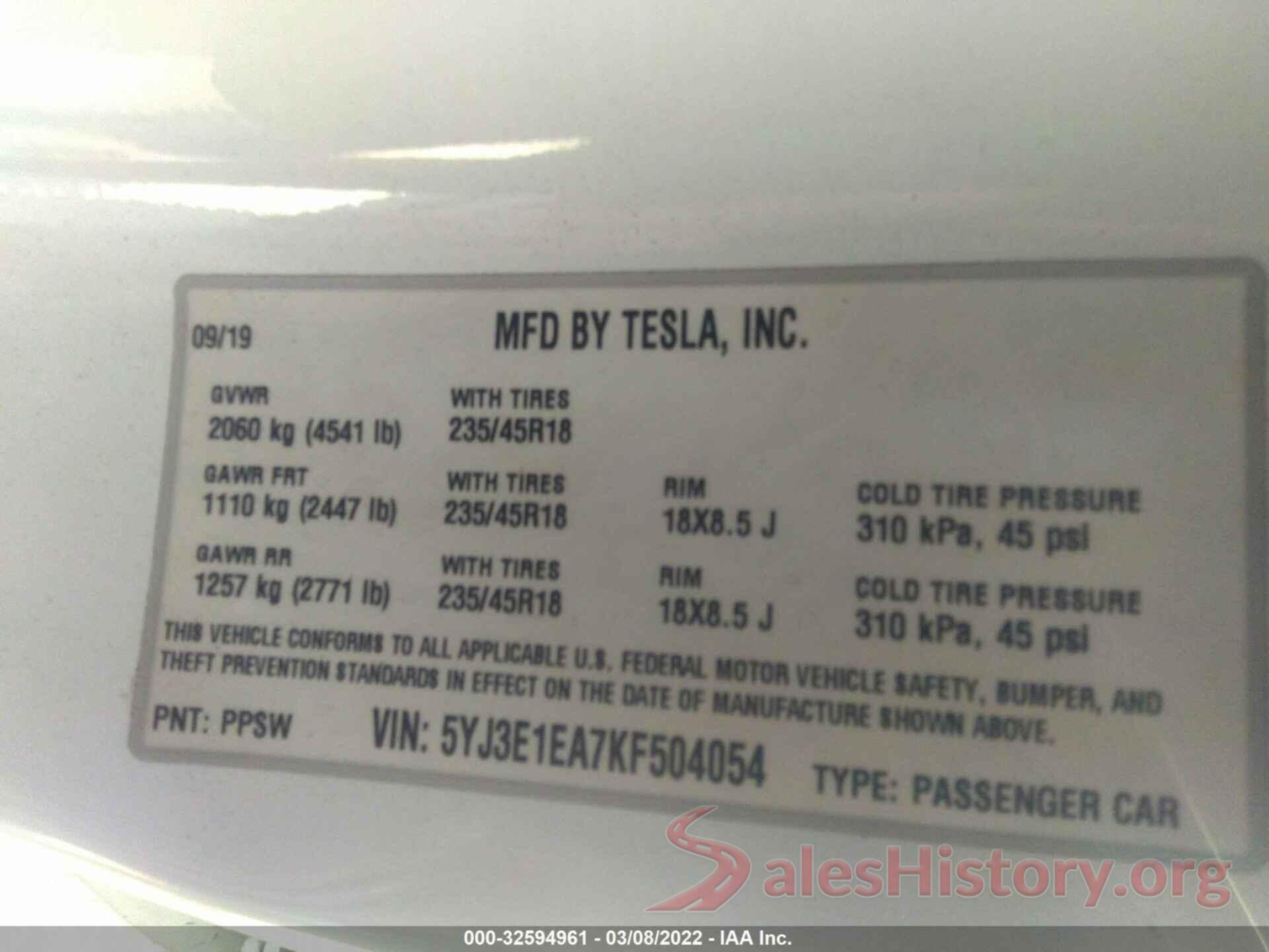 5YJ3E1EA7KF504054 2019 TESLA MODEL 3