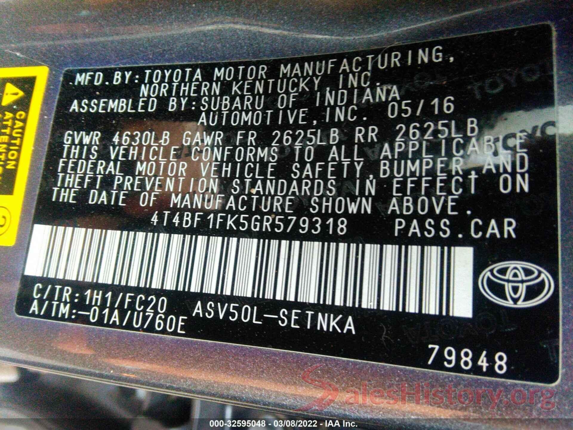 4T4BF1FK5GR579318 2016 TOYOTA CAMRY