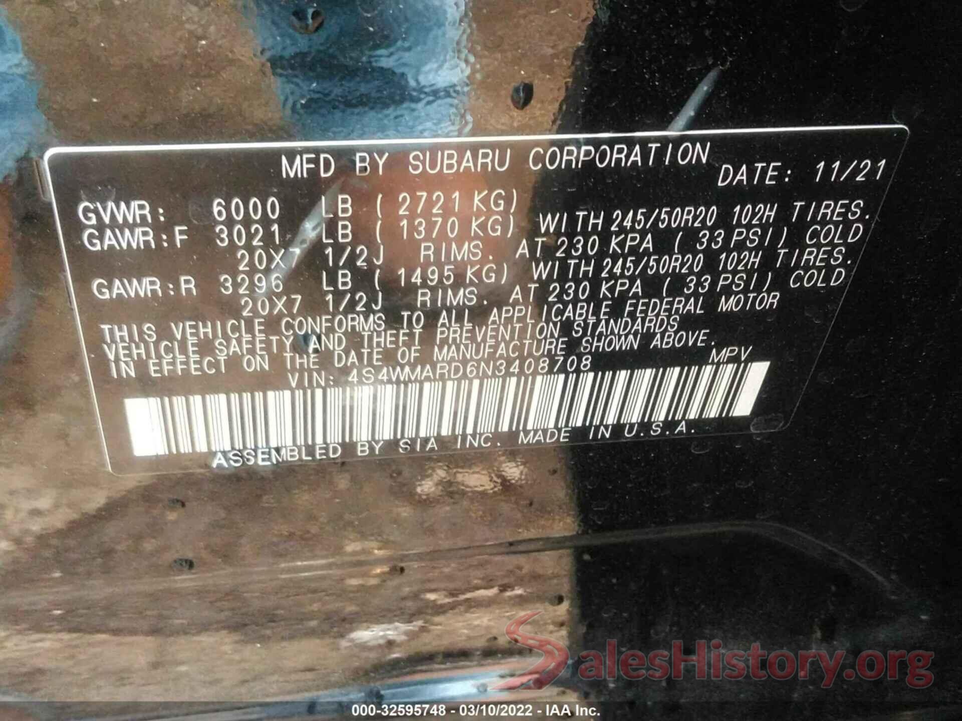 4S4WMARD6N3408708 2022 SUBARU ASCENT