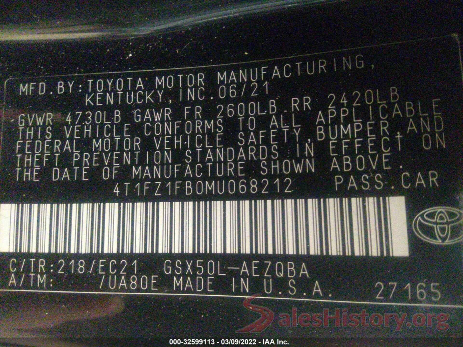 4T1FZ1FB0MU068212 2021 TOYOTA AVALON