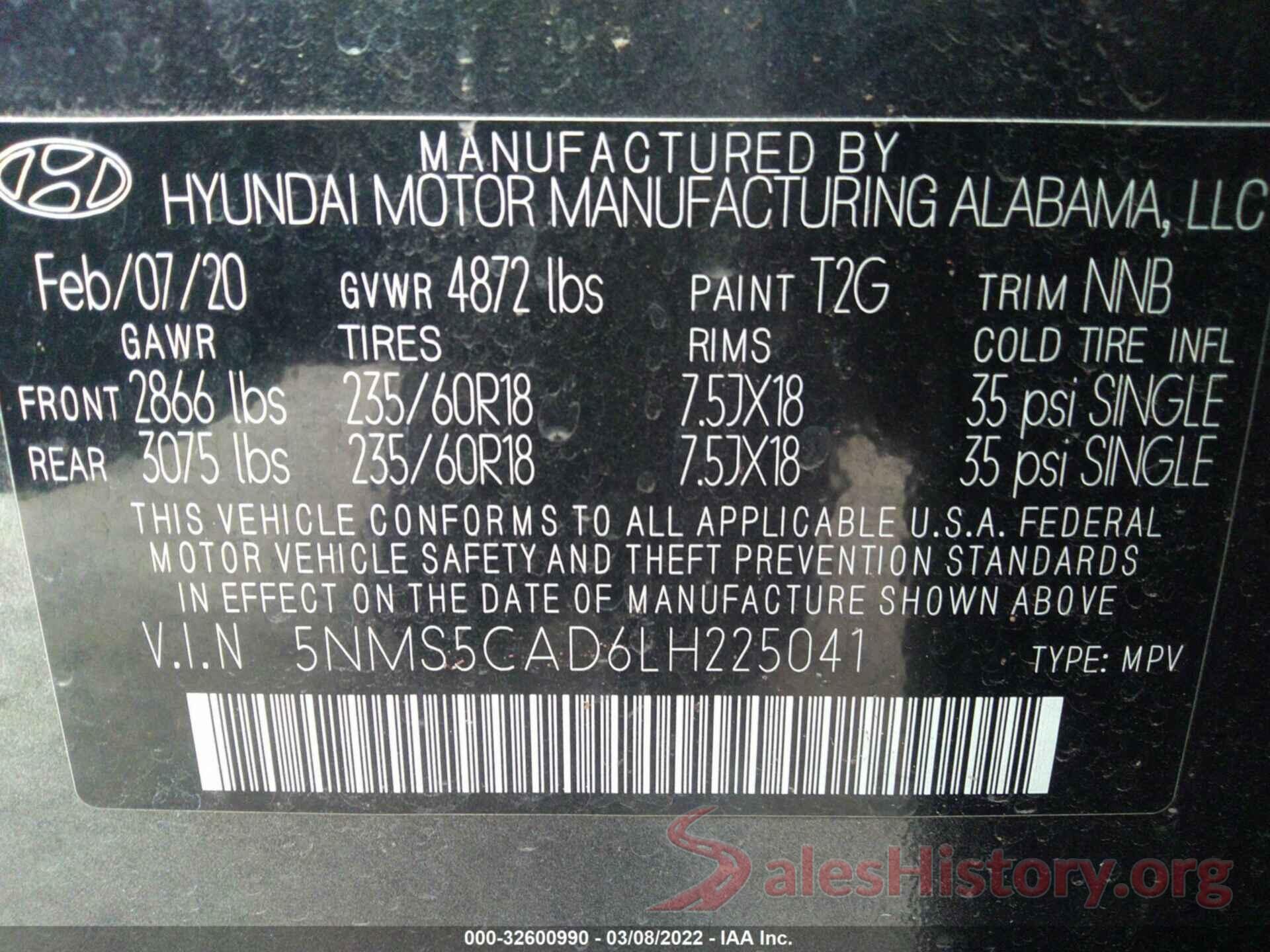 5NMS5CAD6LH225041 2020 HYUNDAI SANTA FE