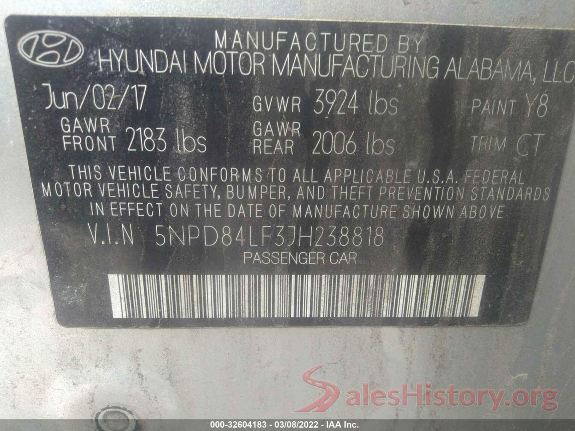 5NPD84LF3JH238818 2018 HYUNDAI ELANTRA