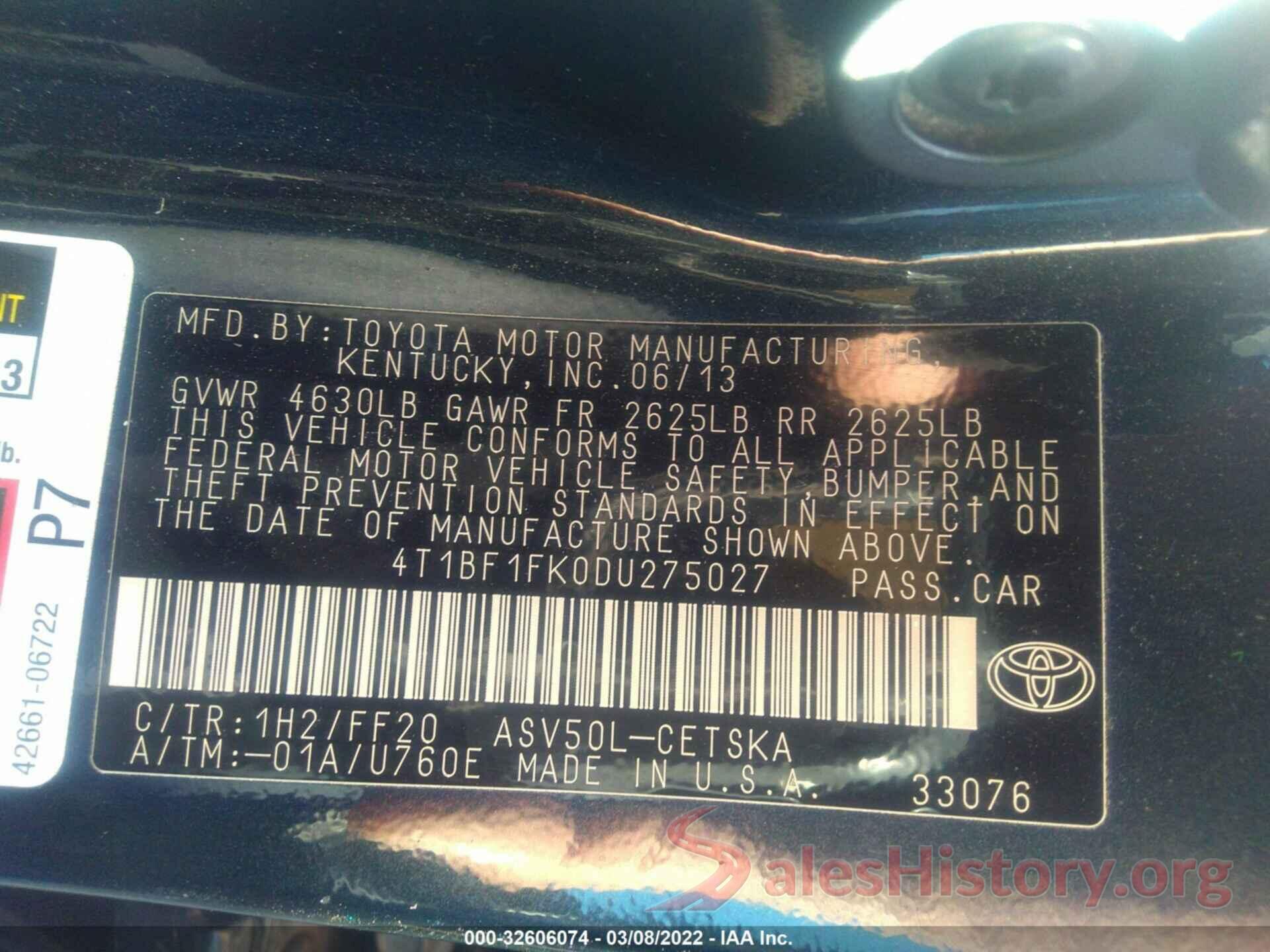 4T1BF1FK0DU275027 2013 TOYOTA CAMRY