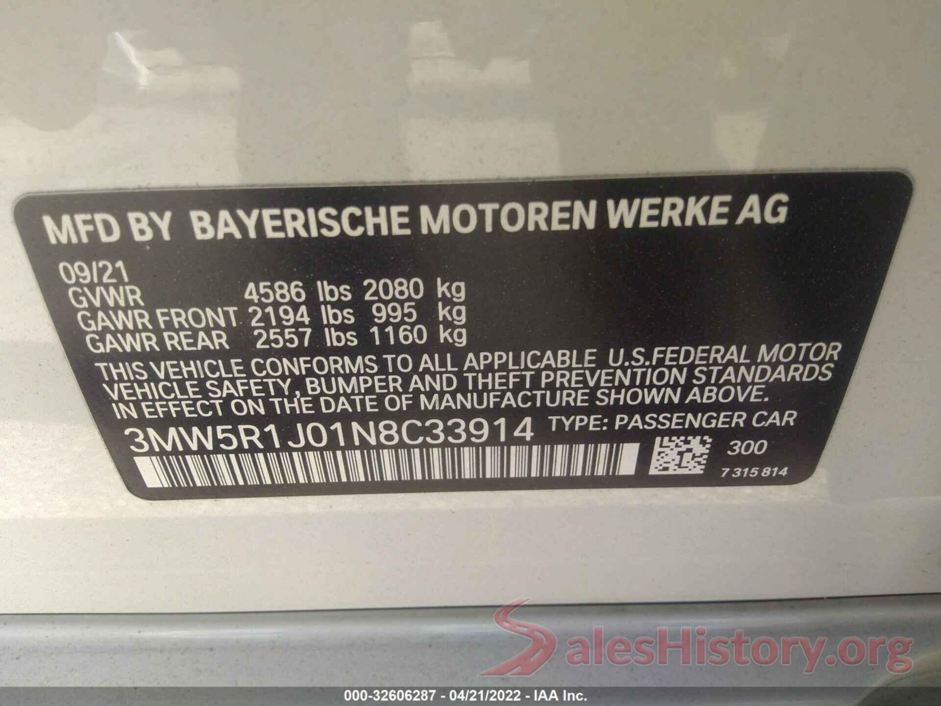 3MW5R1J01N8C33914 2022 BMW 3 SERIES