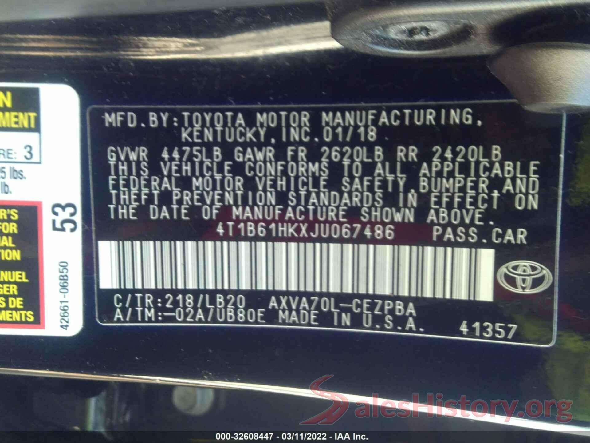 4T1B61HKXJU067486 2018 TOYOTA CAMRY