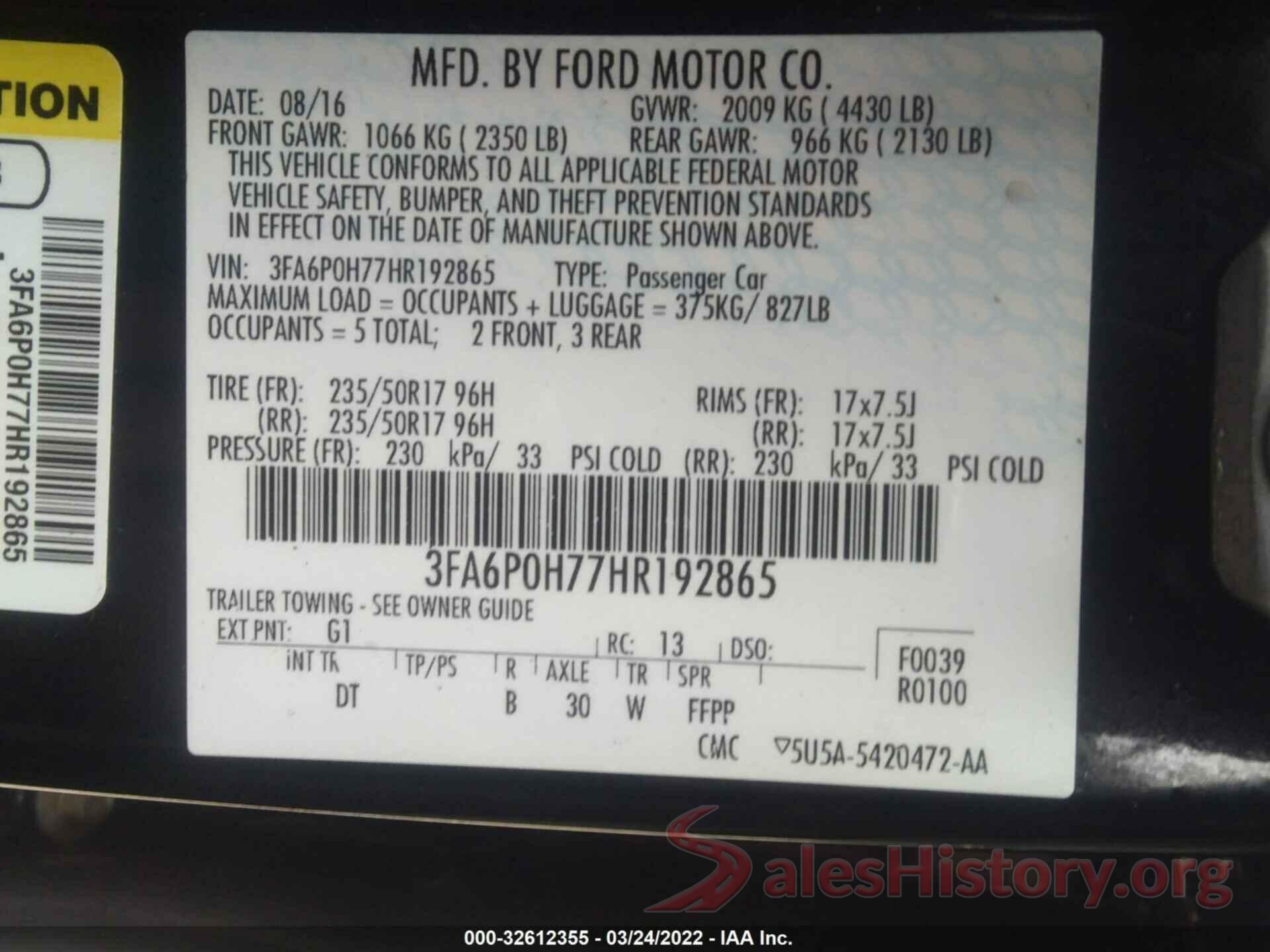 3FA6P0H77HR192865 2017 FORD FUSION