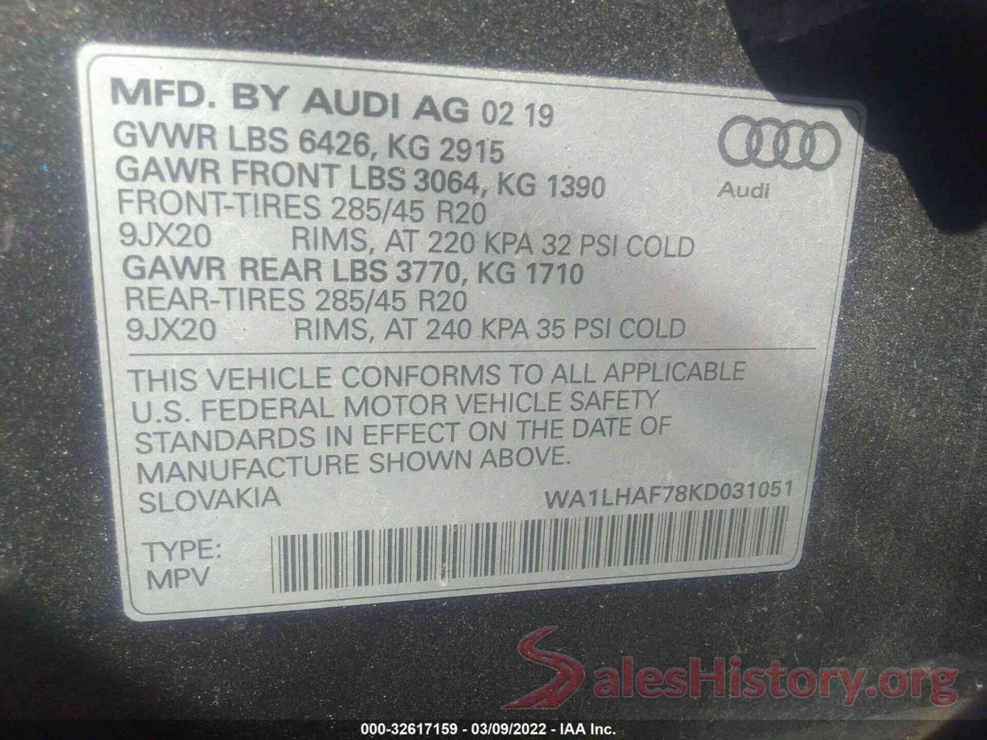 WA1LHAF78KD031051 2019 AUDI Q7