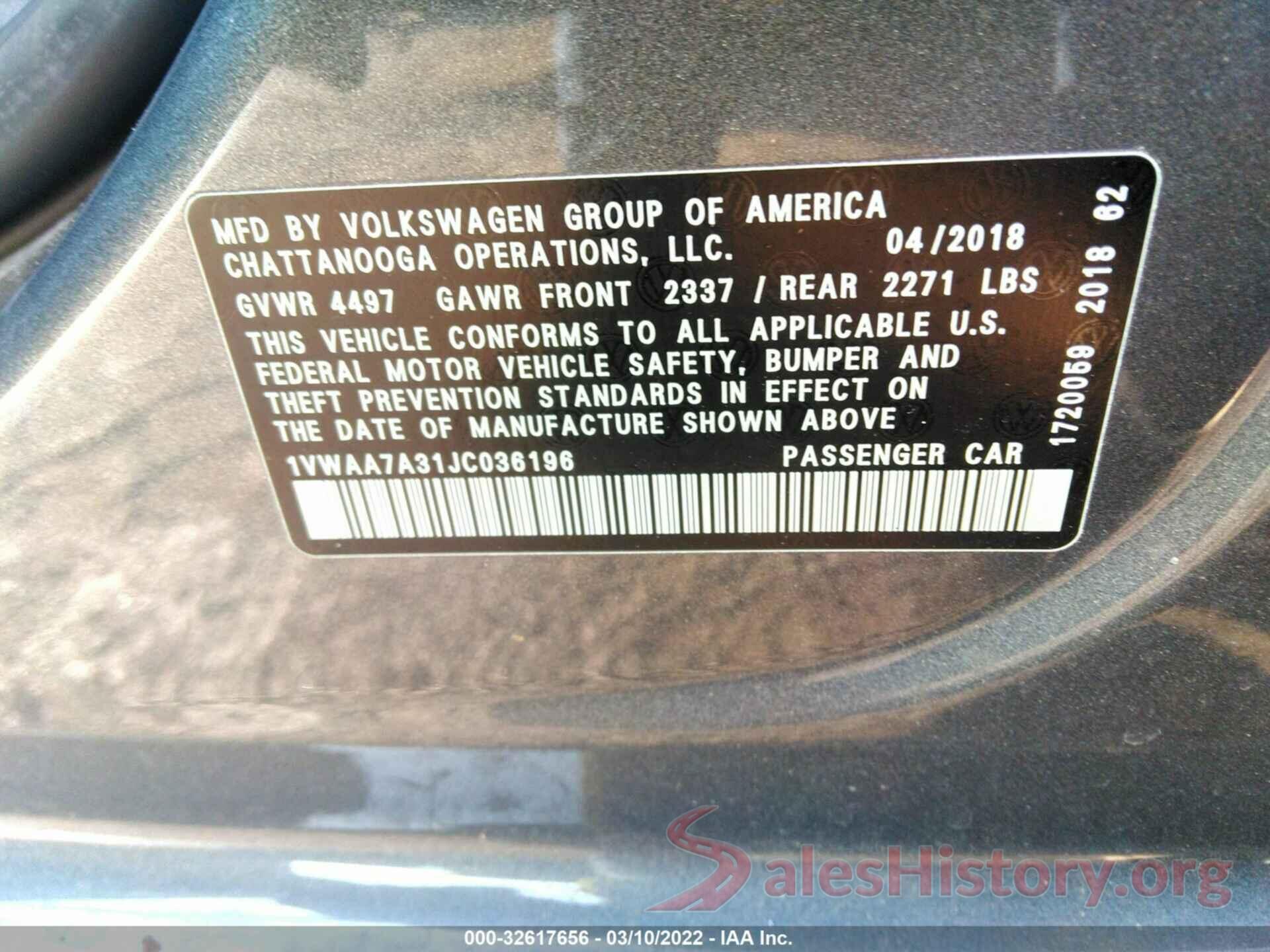 1VWAA7A31JC036196 2018 VOLKSWAGEN PASSAT