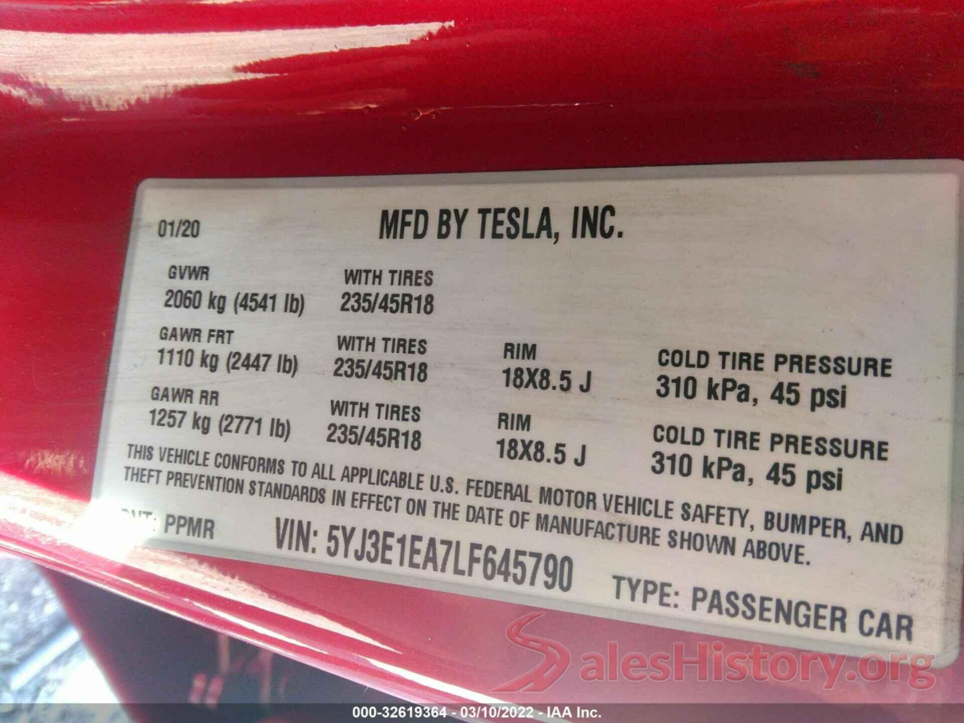 5YJ3E1EA7LF645790 2020 TESLA MODEL 3