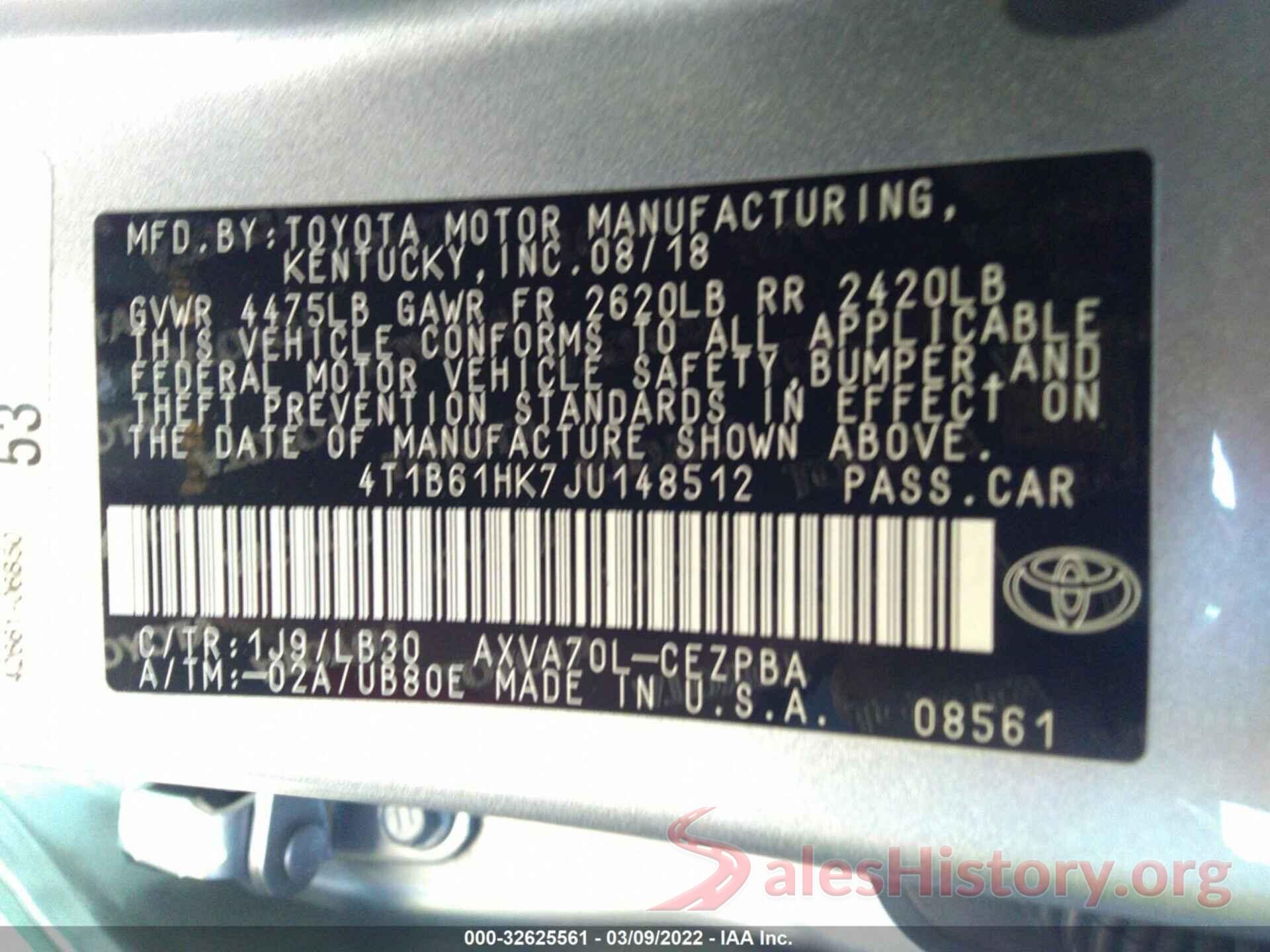 4T1B61HK7JU148512 2018 TOYOTA CAMRY