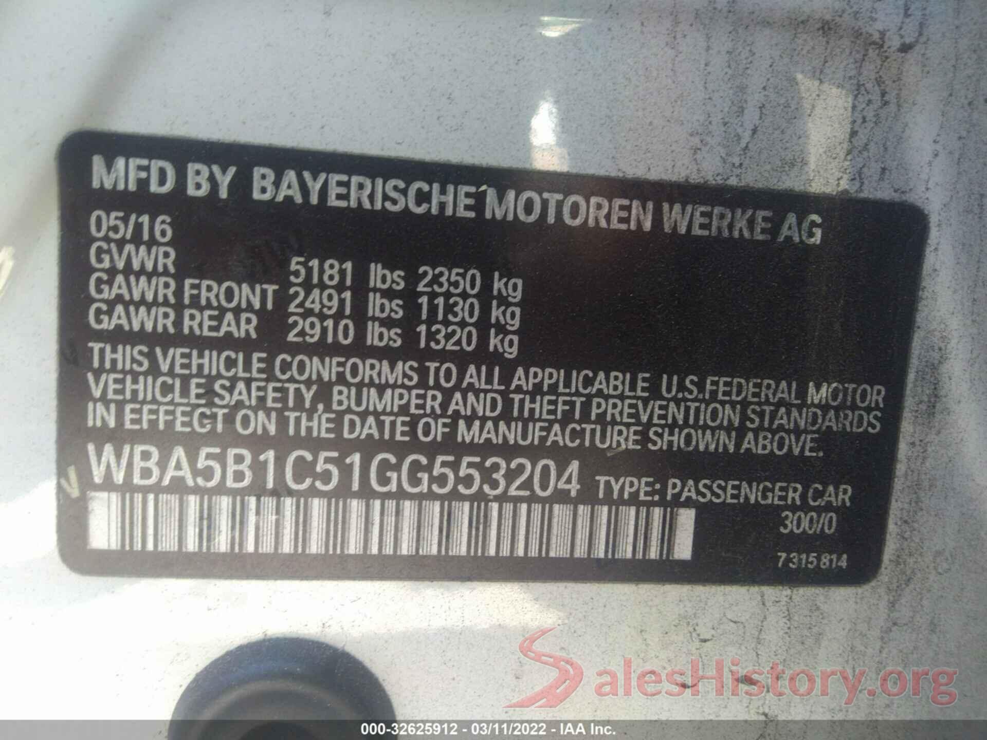 WBA5B1C51GG553204 2016 BMW 5 SERIES