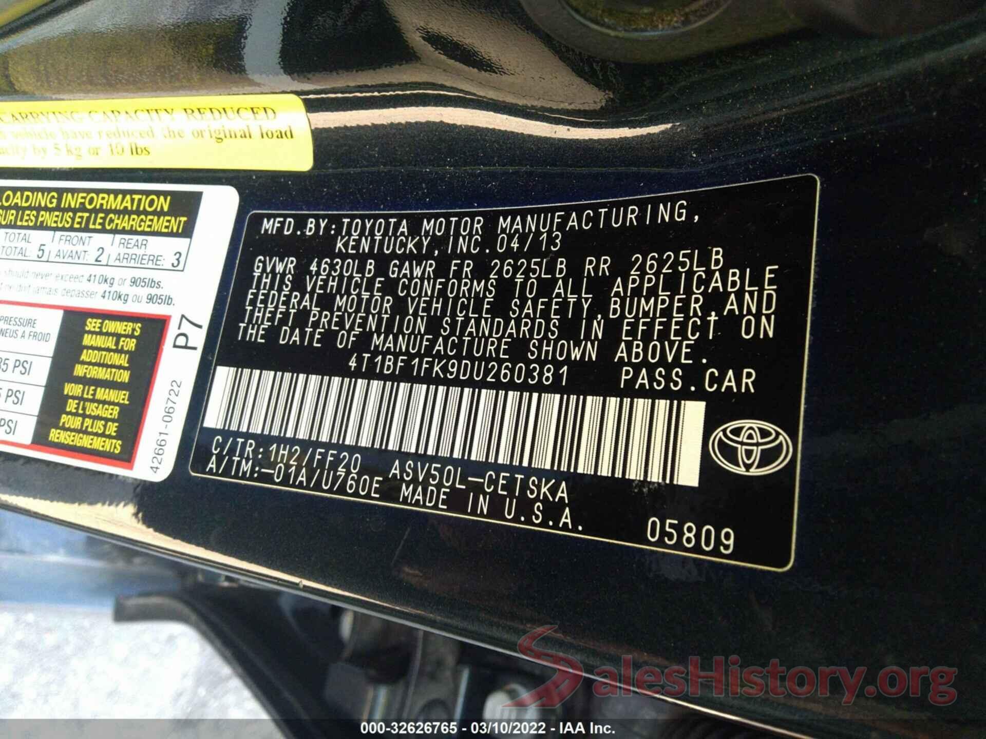 4T1BF1FK9DU260381 2013 TOYOTA CAMRY