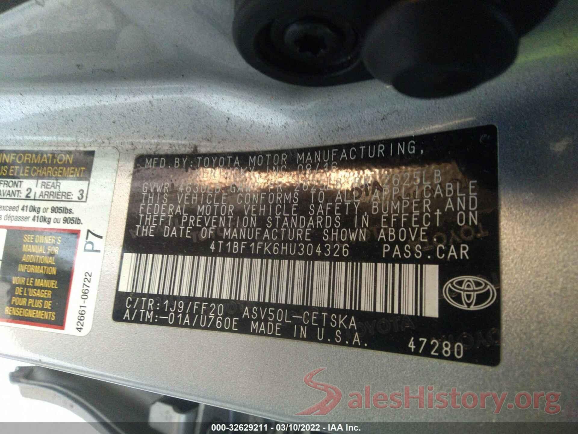 4T1BF1FK6HU304326 2017 TOYOTA CAMRY