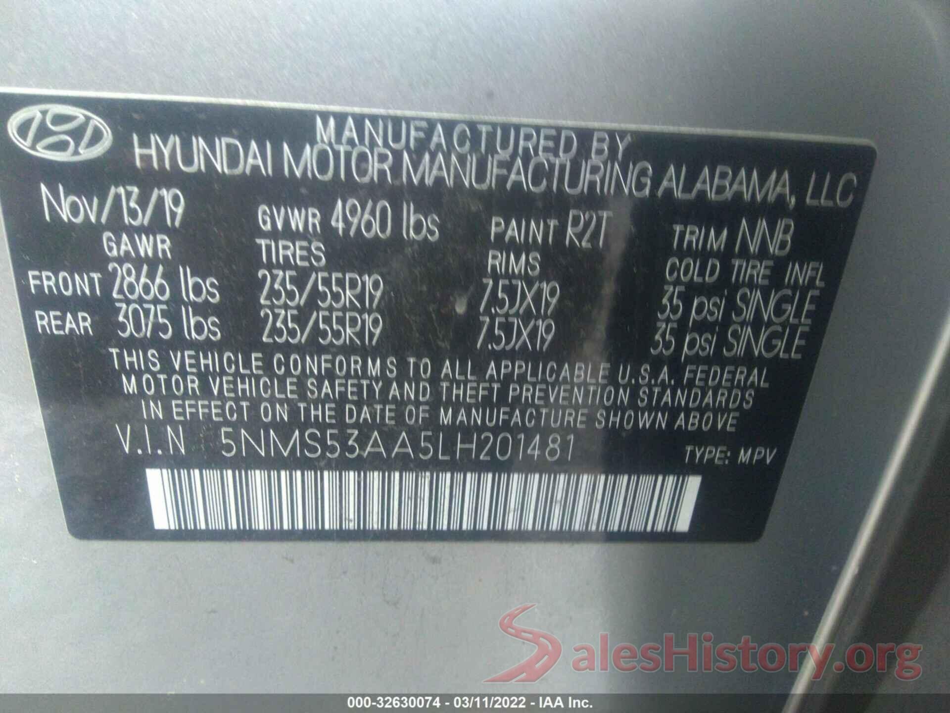 5NMS53AA5LH201481 2020 HYUNDAI SANTA FE