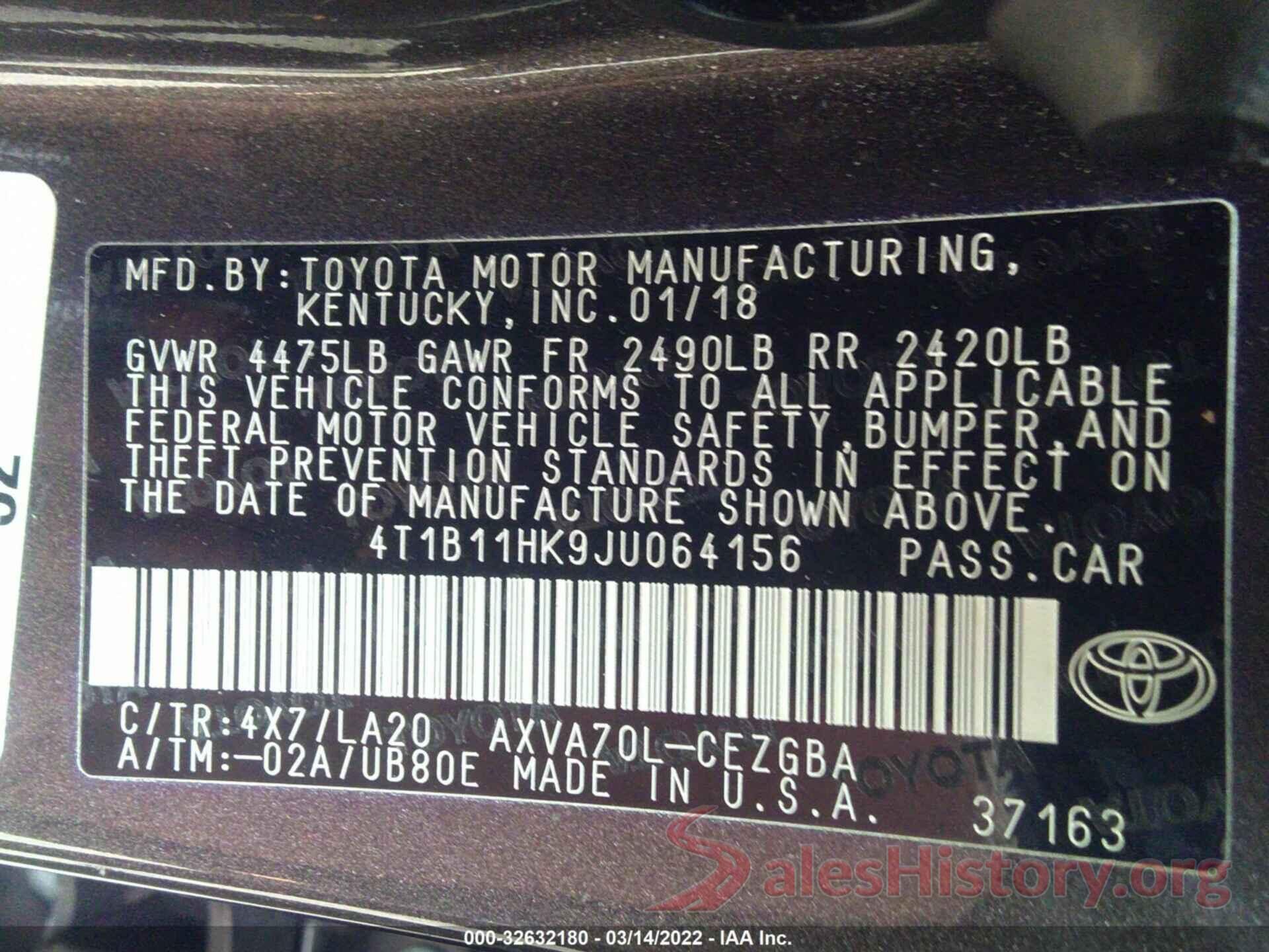 4T1B11HK9JU064156 2018 TOYOTA CAMRY