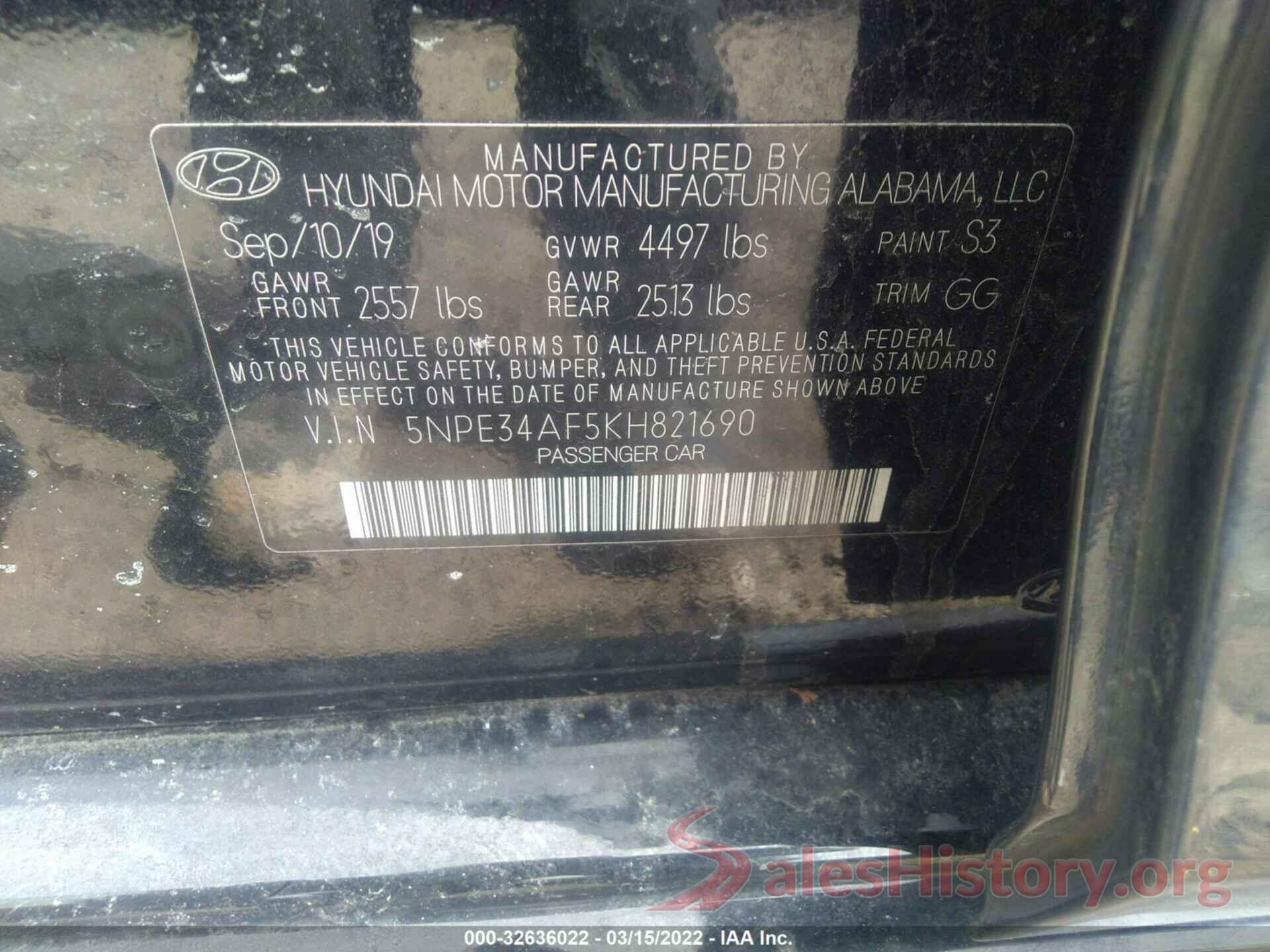 5NPE34AF5KH821690 2019 HYUNDAI SONATA