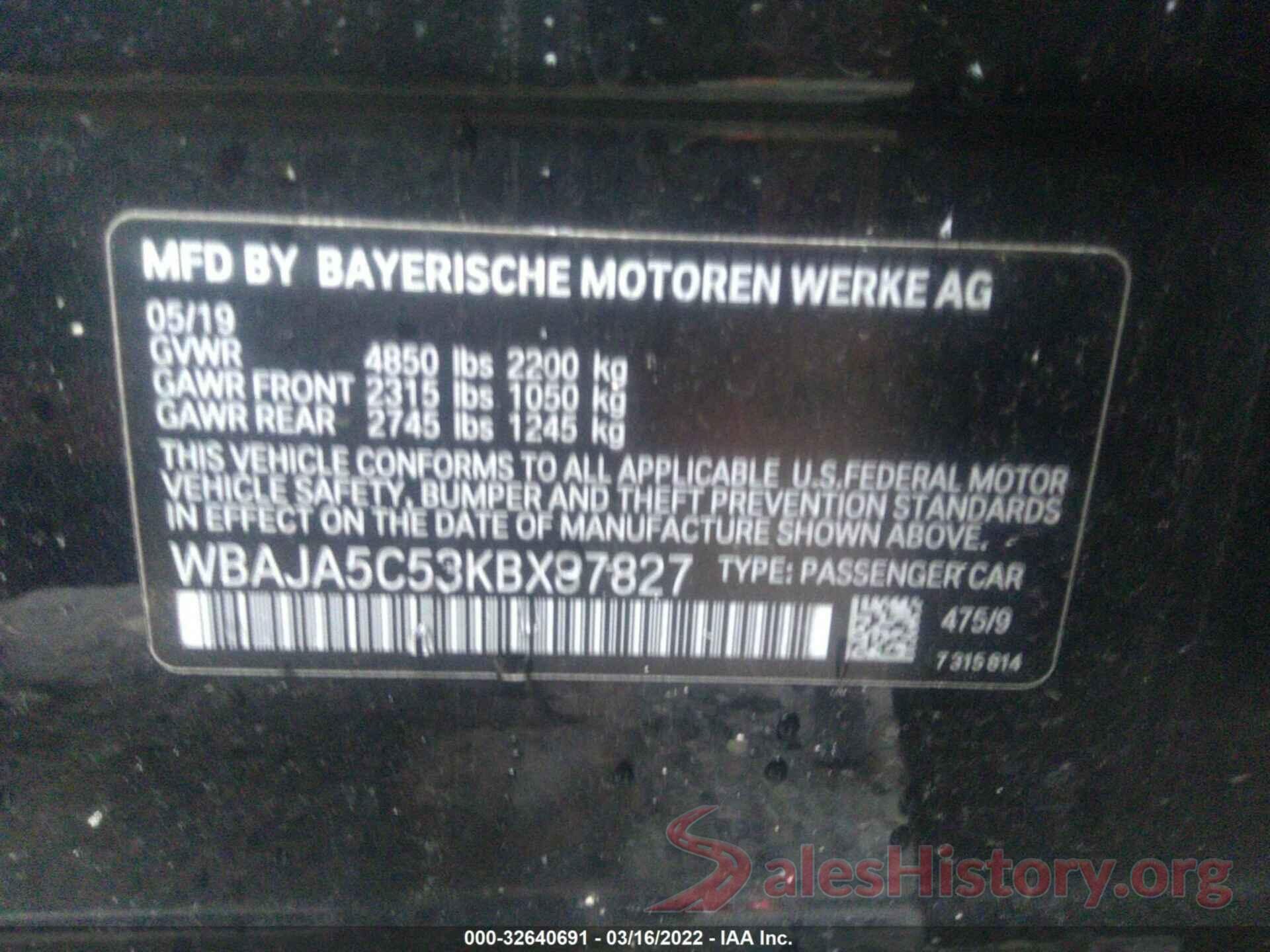 WBAJA5C53KBX87827 2019 BMW 5 SERIES