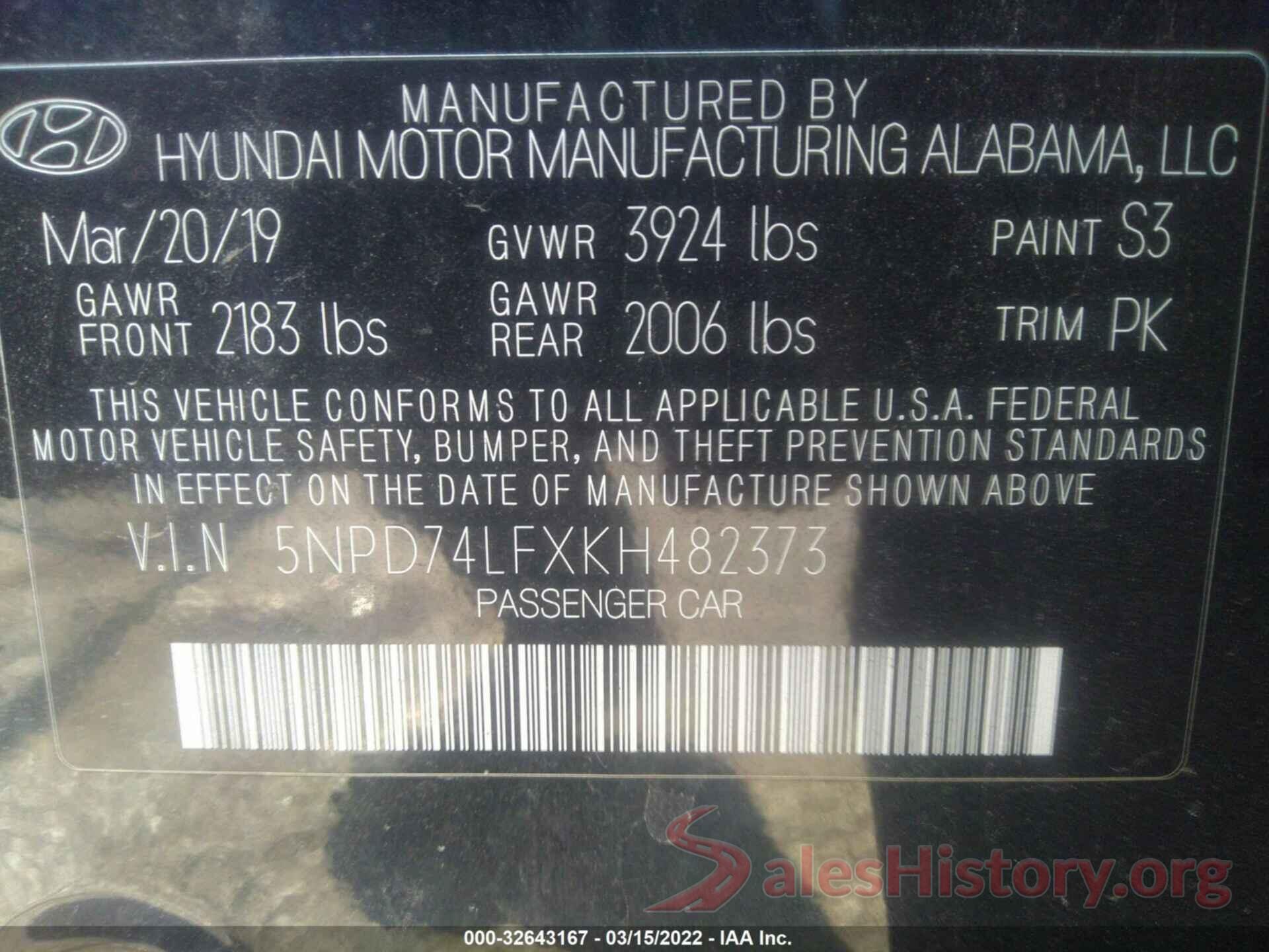 5NPD74LFXKH482373 2019 HYUNDAI ELANTRA