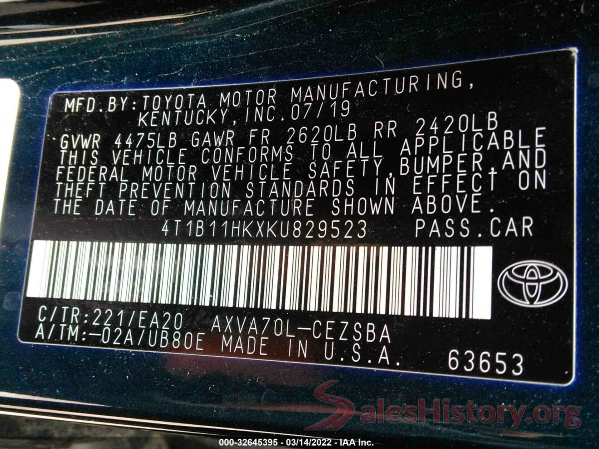 4T1B11HKXKU829523 2019 TOYOTA CAMRY