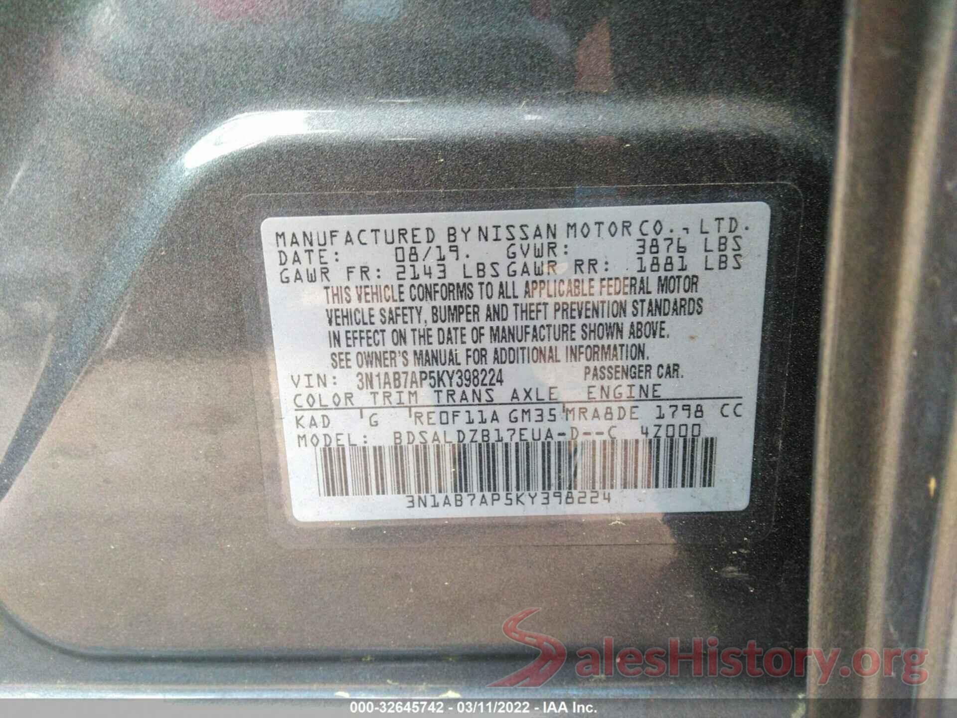 3N1AB7AP5KY398224 2019 NISSAN SENTRA