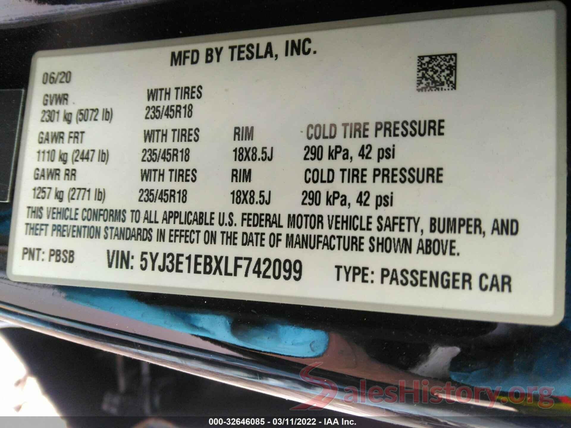 5YJ3E1EBXLF742099 2020 TESLA MODEL 3