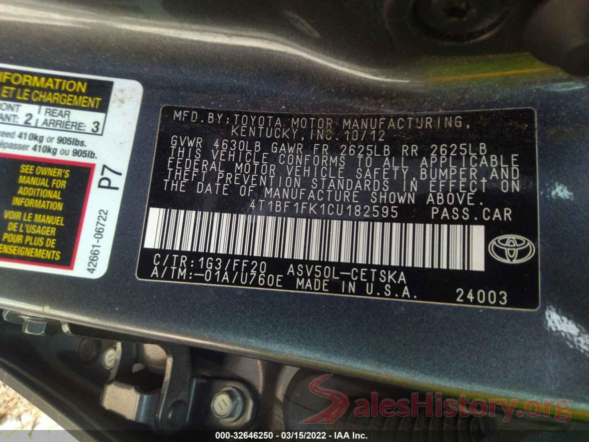 4T1BF1FK1CU182595 2012 TOYOTA CAMRY