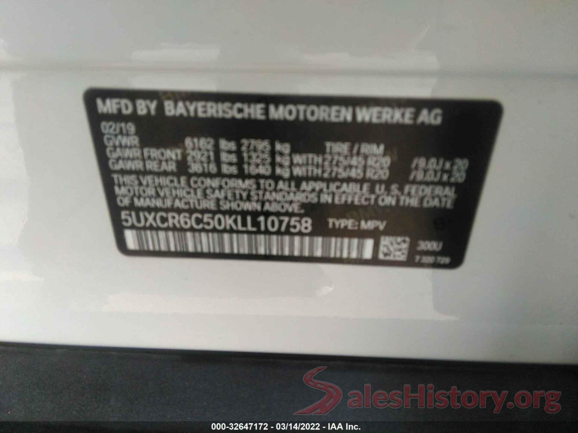 5UXCR6C50KLL10758 2019 BMW X5