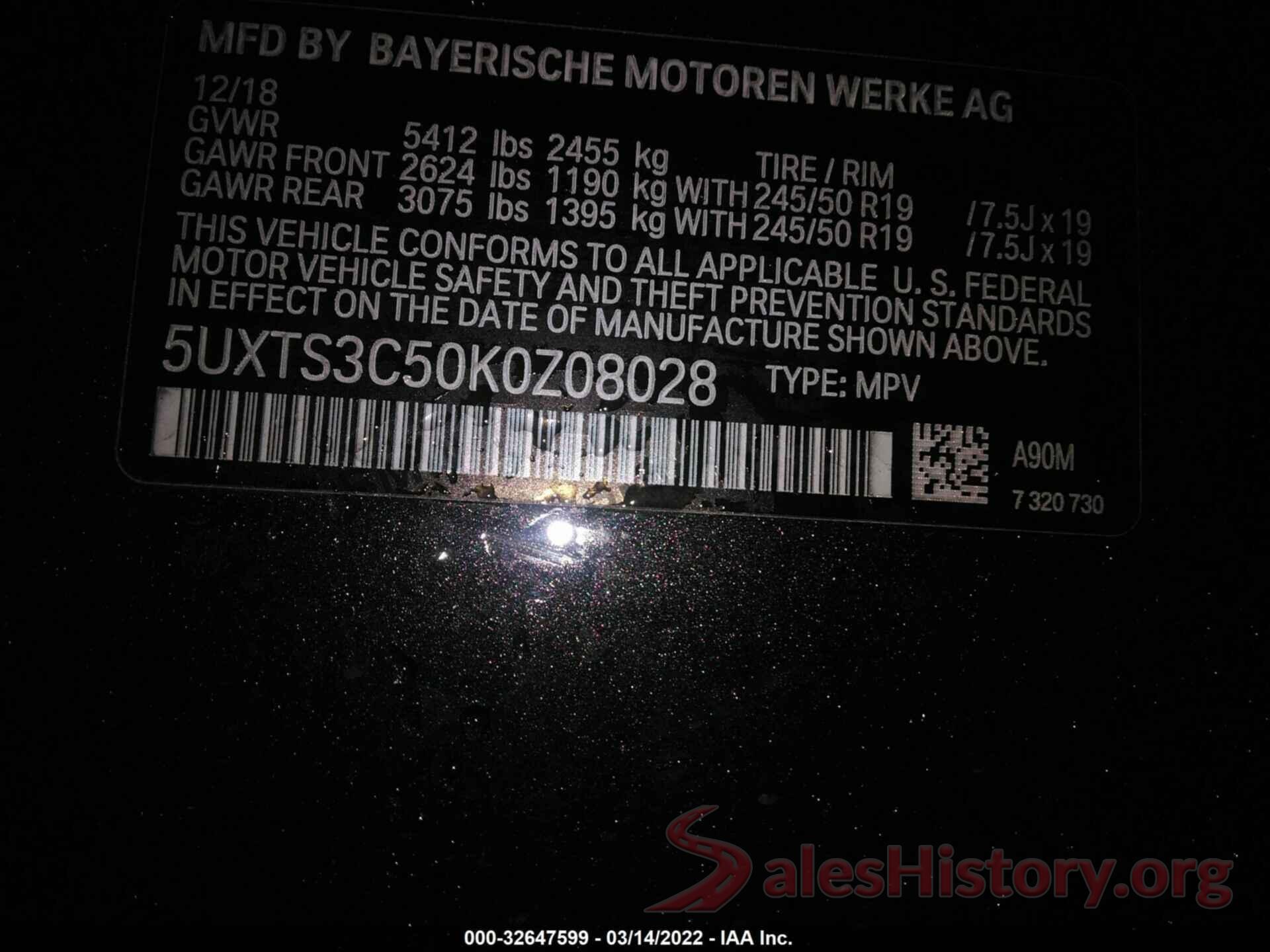 5UXTS3C50K0Z08028 2019 BMW X3