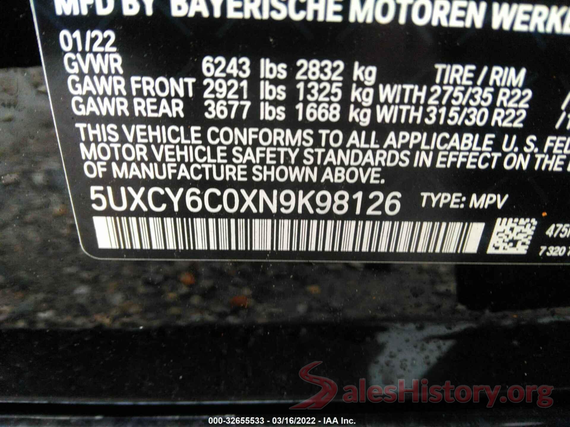 5UXCY6C0XN9K98126 2022 BMW X6