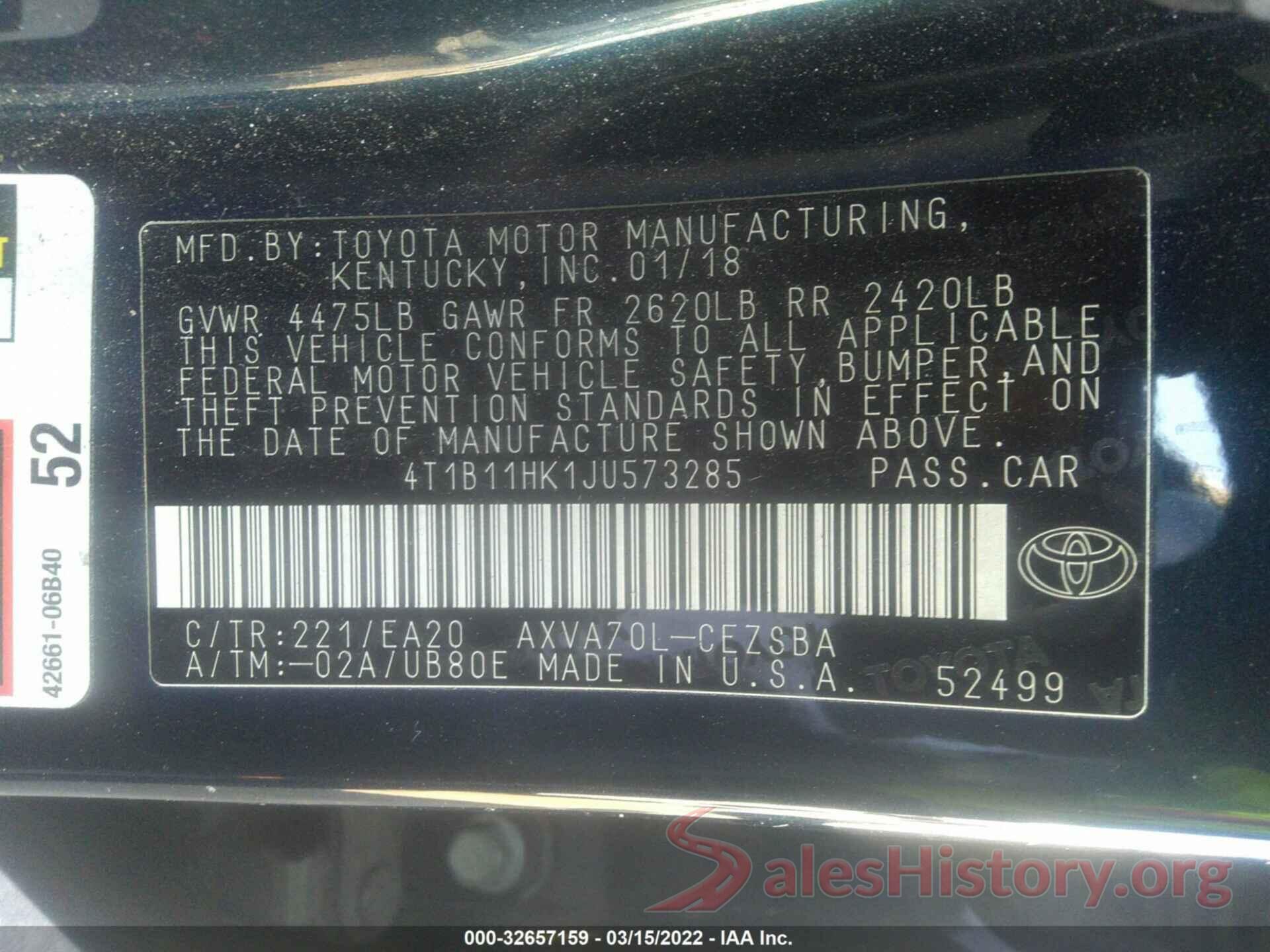 4T1B11HK1JU573285 2018 TOYOTA CAMRY