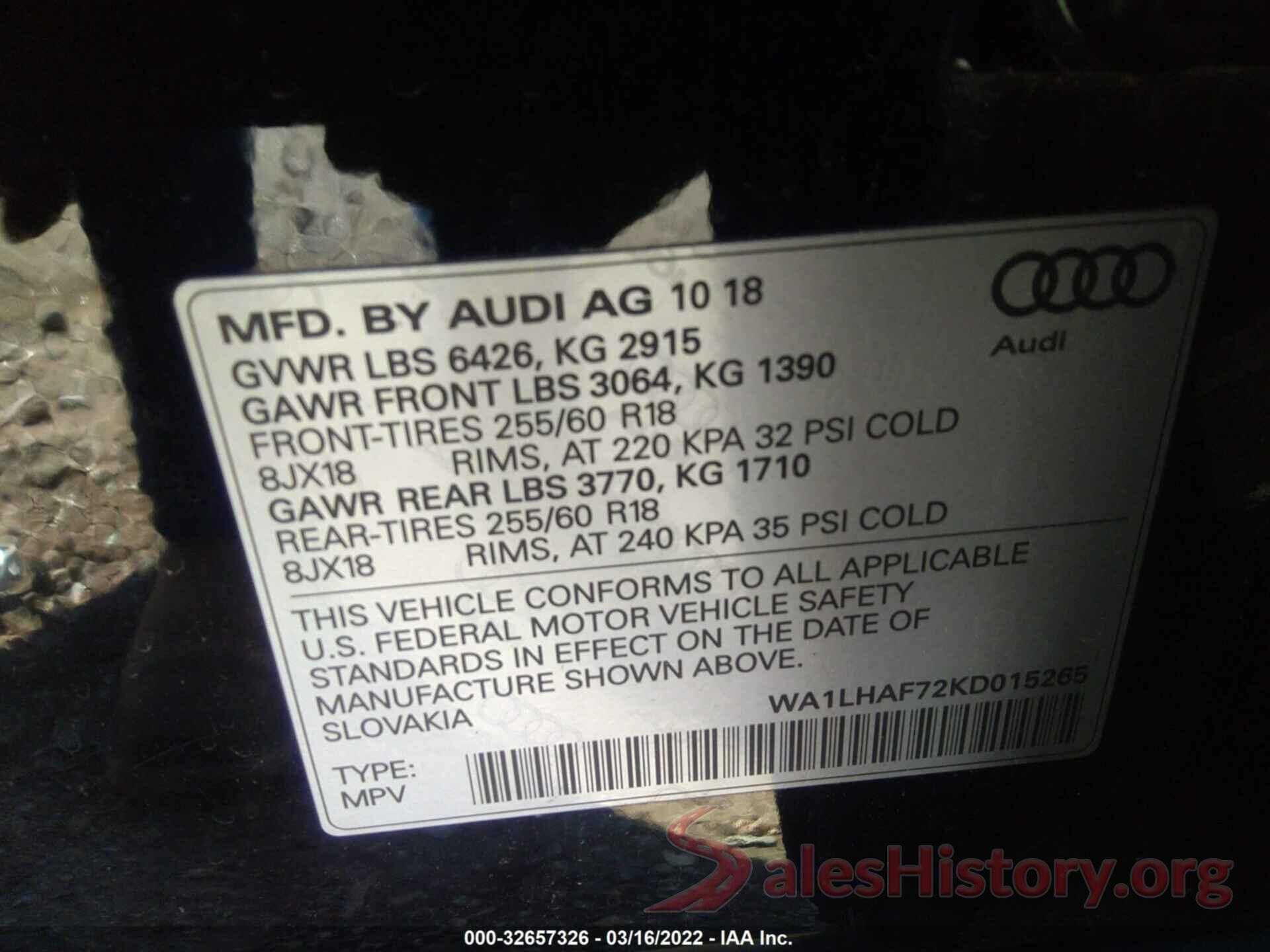 WA1LHAF72KD015265 2019 AUDI Q7