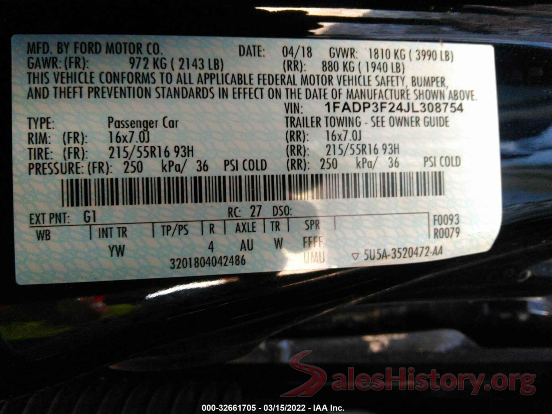 1FADP3F24JL308754 2018 FORD FOCUS