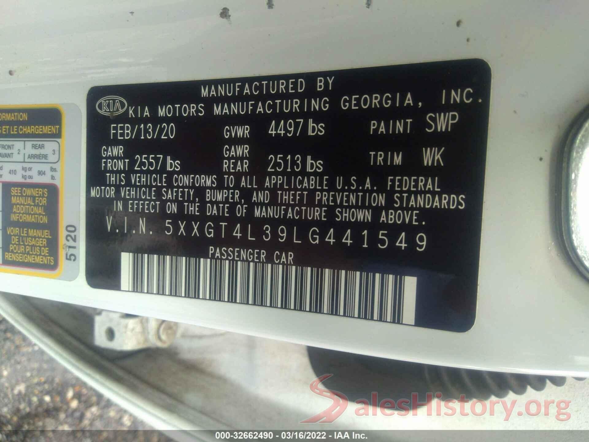 5XXGT4L39LG441549 2020 KIA OPTIMA